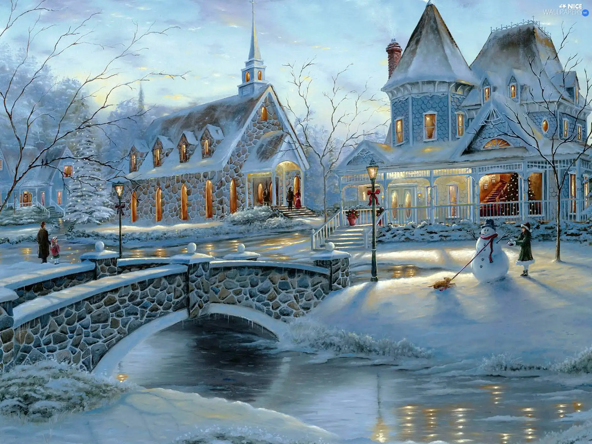 winter, Houses, River, snow