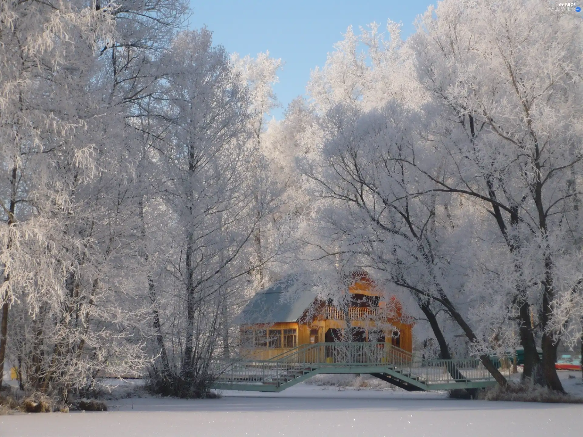 River, winter, house, bridge, Park