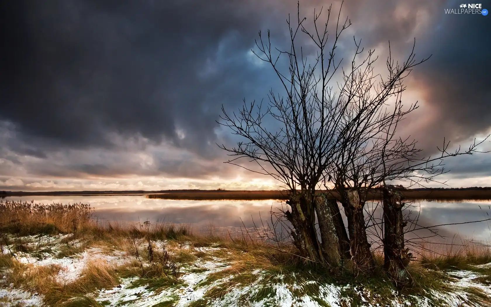 winter, Sky, River, cloudy