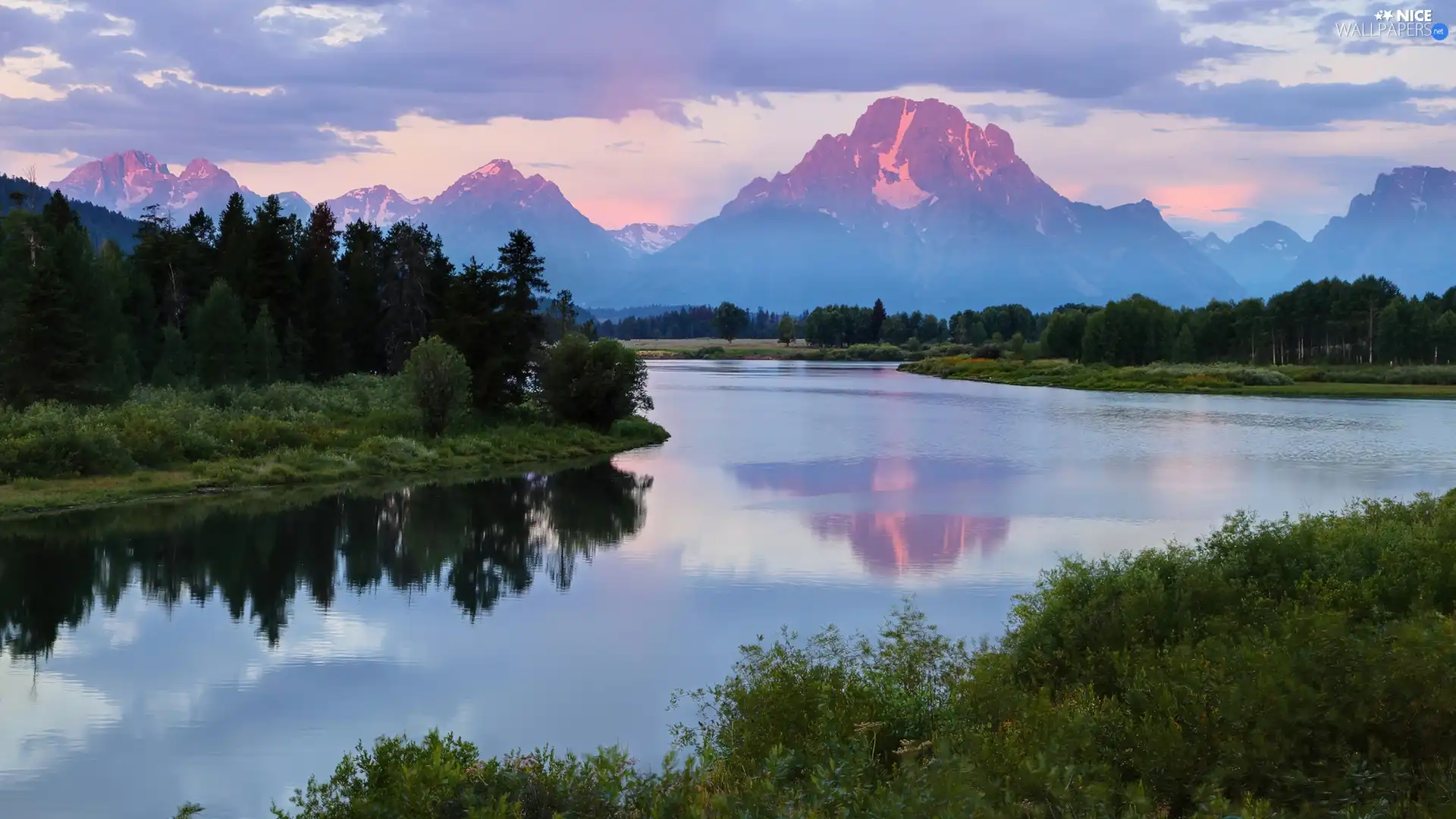 River, Mountains, woods