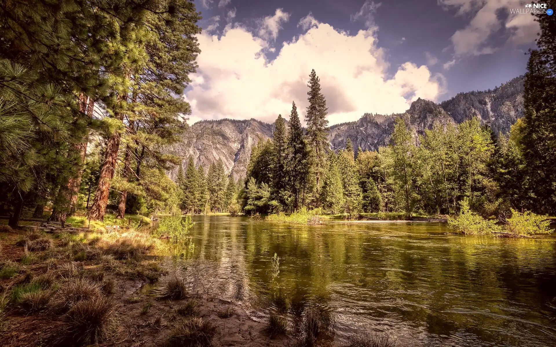 River, Mountains, woods