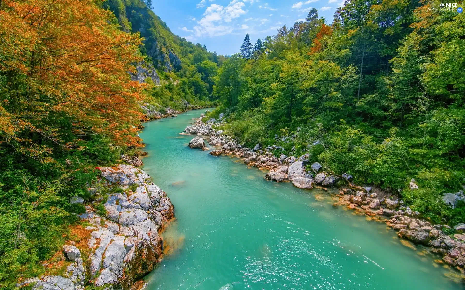 rocks, Triglav National Park, trees, River Sochi, Slovenia, autumn, viewes