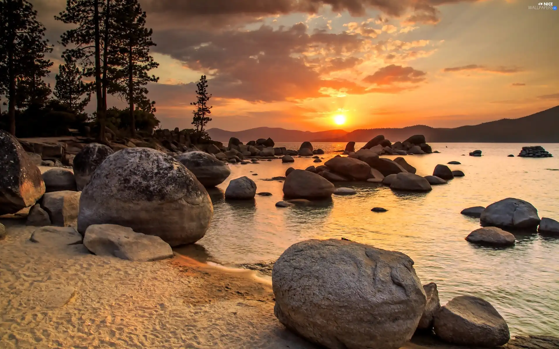 sun, lake, rocks, Beaches, Stones, west