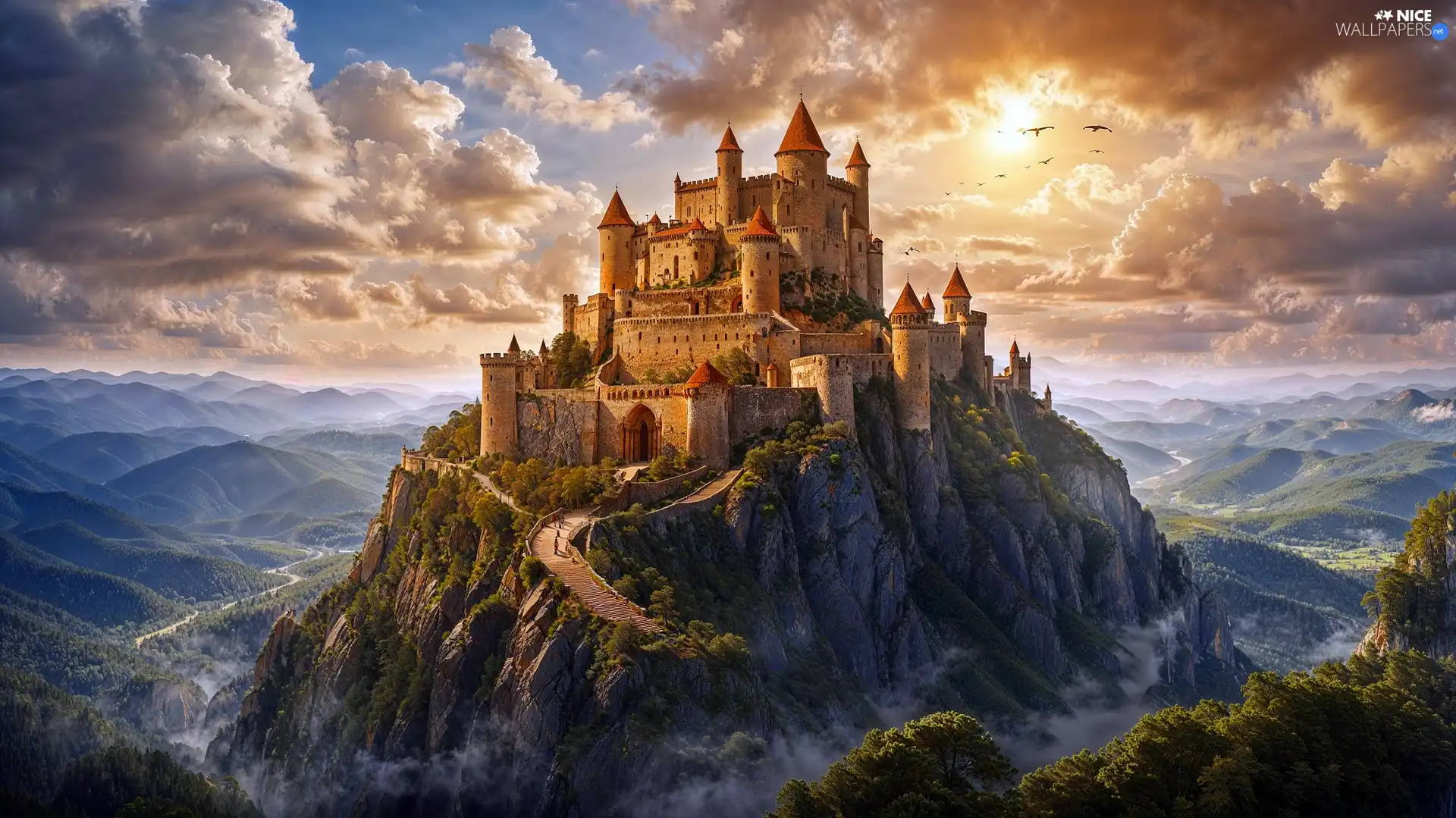 Castle, clouds, Sky, Rocks