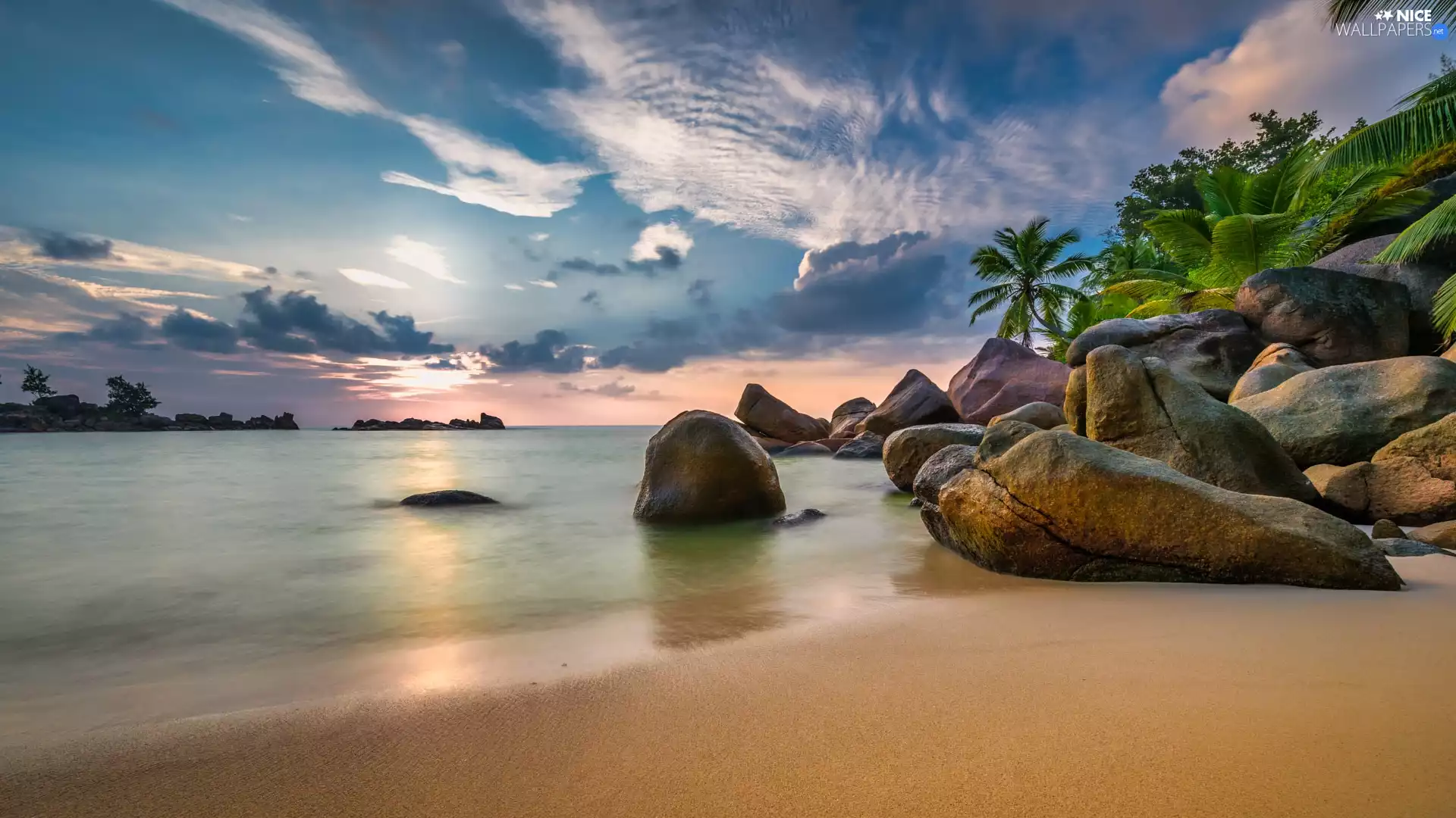 boulders, Seychelles, clouds, rocks, sea, Palms, Beaches