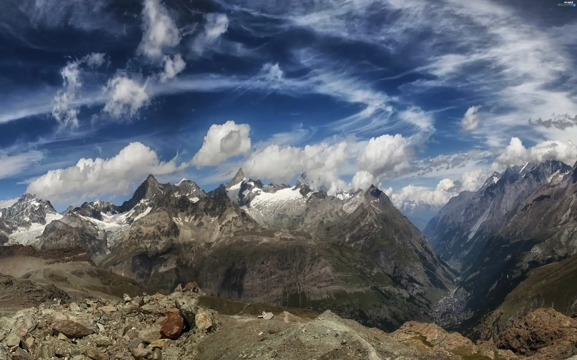 rocks, Sky, clouds