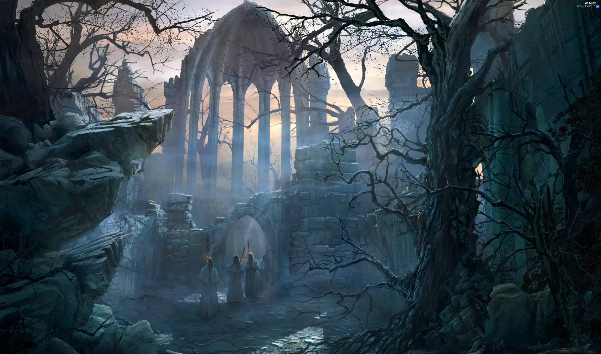 Monkish, trees, fantasy, viewes, graphics, temple, ruins, rocks