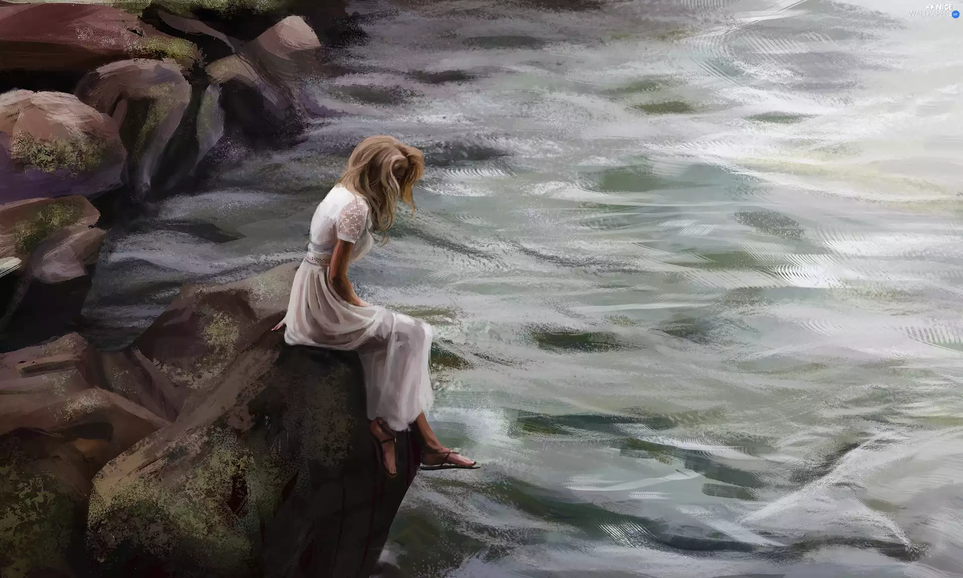 Waves, rocks, girl, sea, graphics