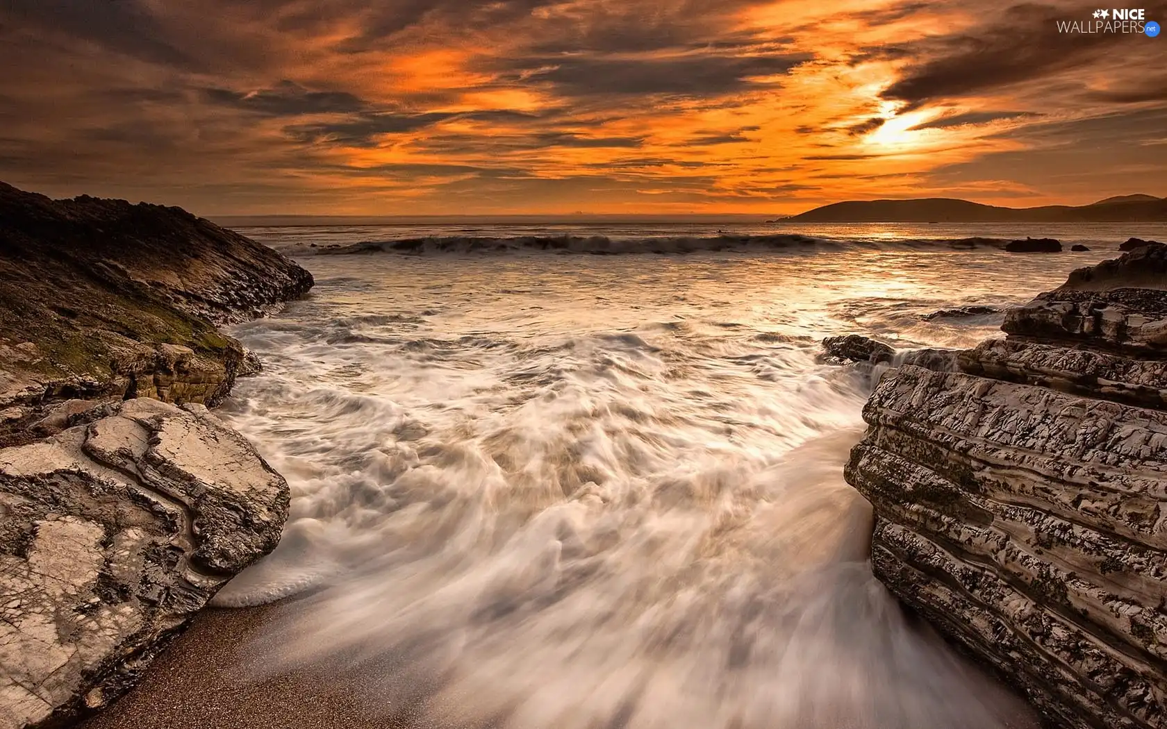 sea, Waves, rocks, Great Sunsets