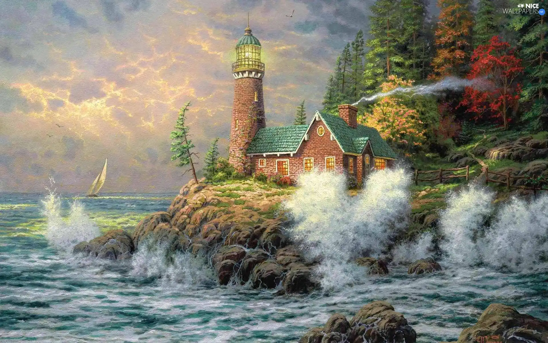 maritime, sea, Home, Thomas Kinkade, rocks, Lighthouse