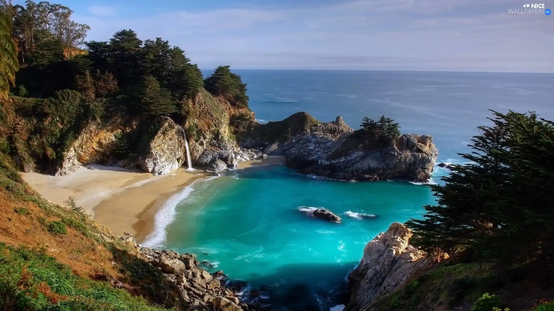 Gulf, McWay Falls, The United States, rocks, California, sea, Julia Pfeiffer Burns State Park, Great Sunsets