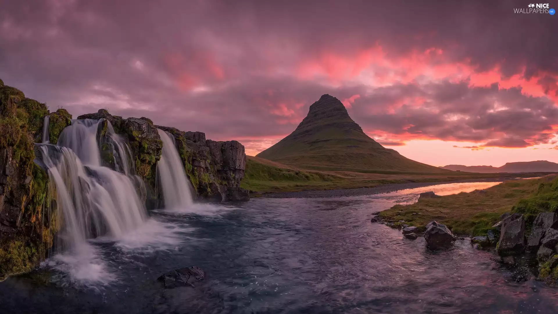 Kirkjufell Mountain, Kirkjufellsfoss Waterfall, Sunrise, iceland, River, Rocks