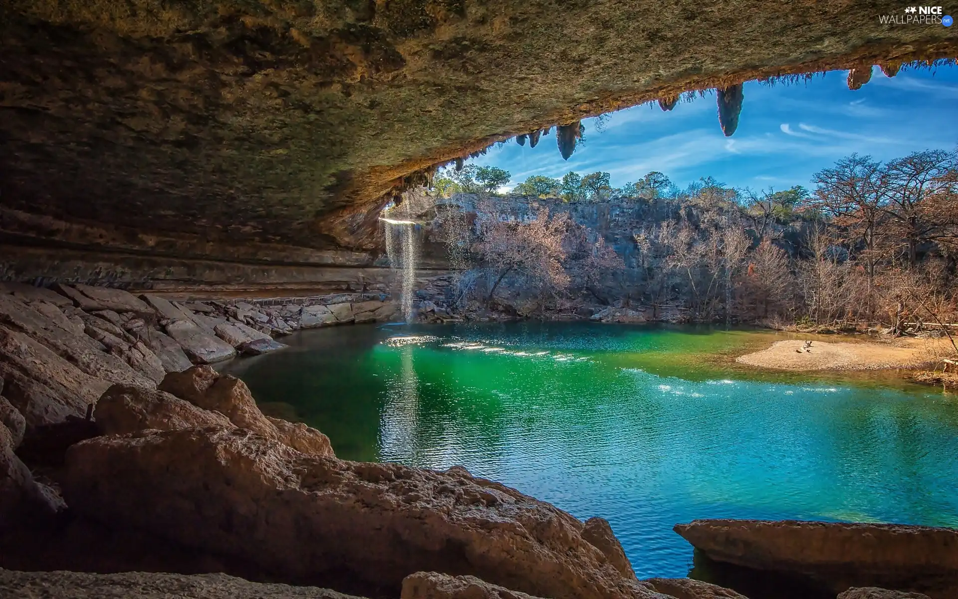 rocks, cave, lake