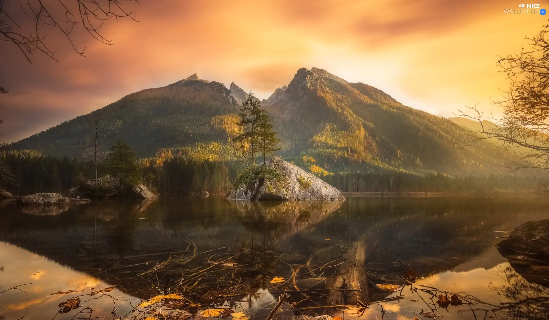 trees, viewes, Germany, Alps Mountains, Bavaria, rocks, Lake Hintersee, Great Sunsets