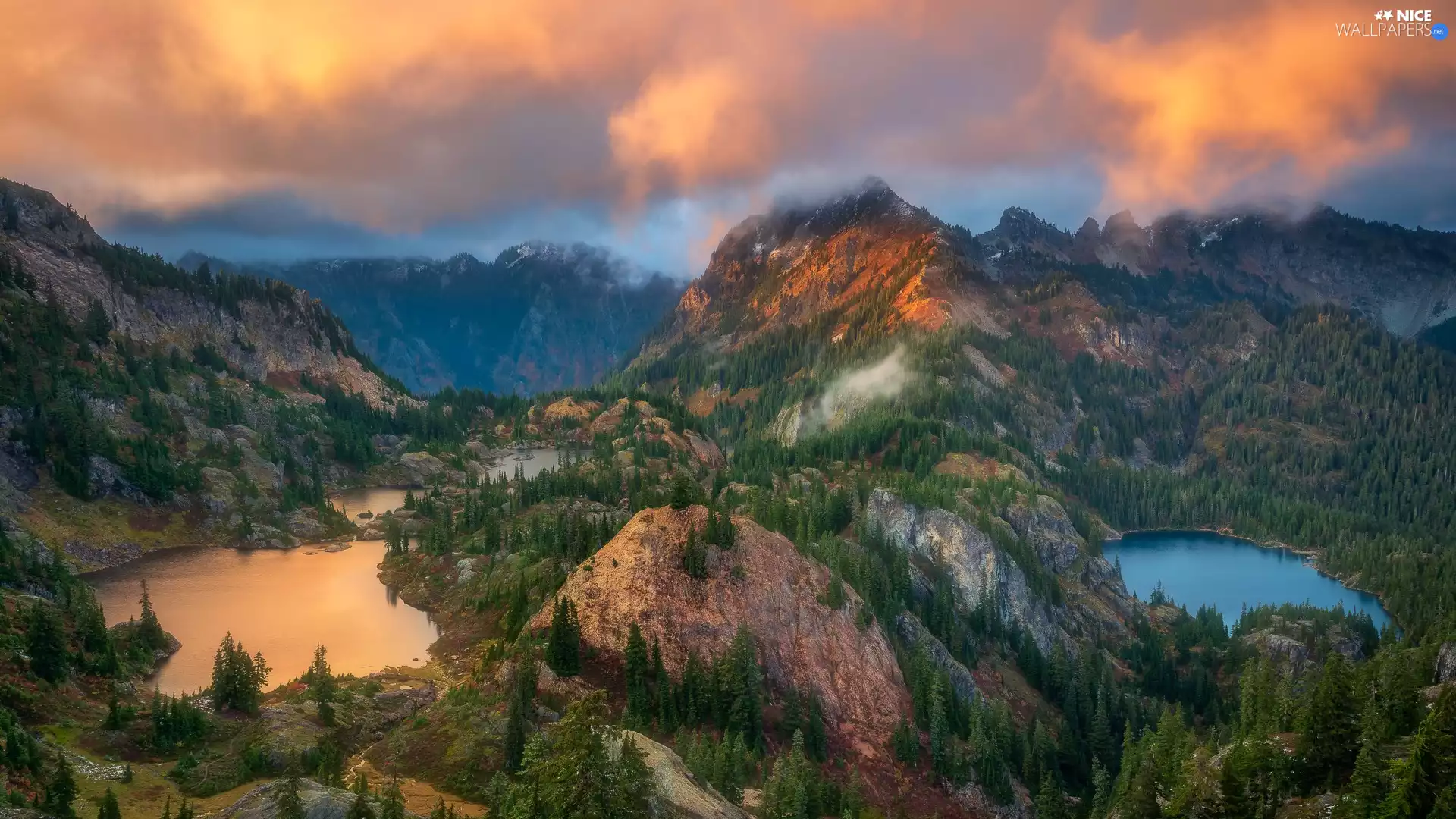 rocks, woods, Great Sunsets, trees, clouds, lakes, Mountains, viewes