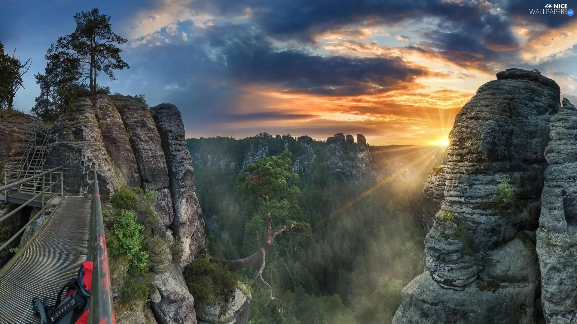 rocks, Mountains, trees, viewes, bridge