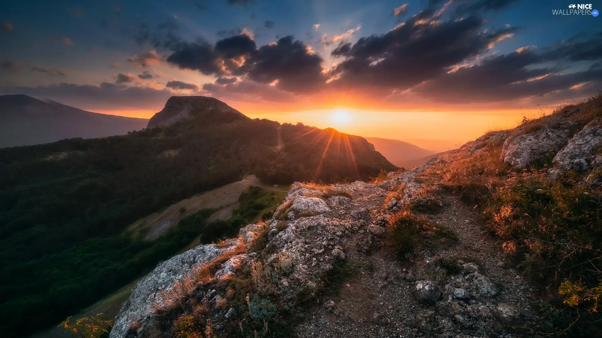 woods, Crimean Mountains, Great Sunsets, Crimea, clouds, rocks