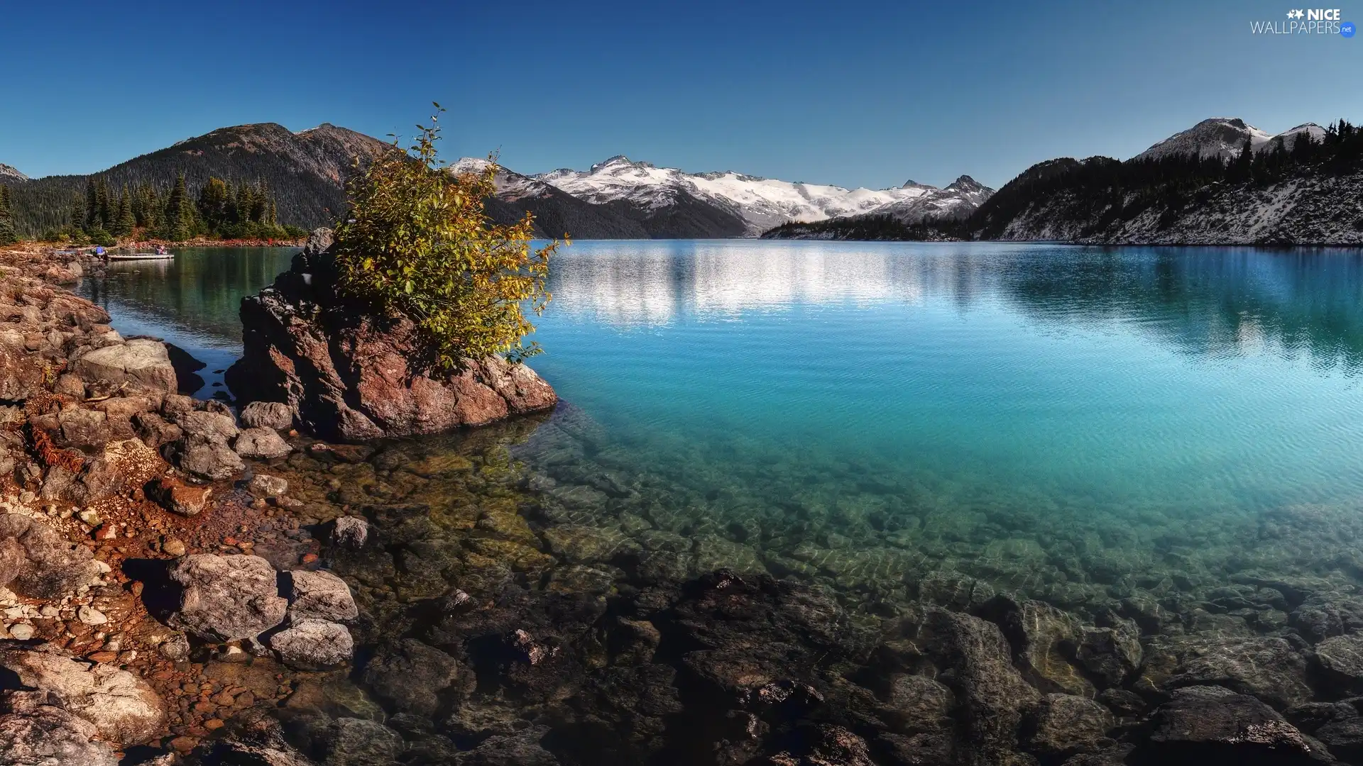 Mountains, lake, rocks, blue