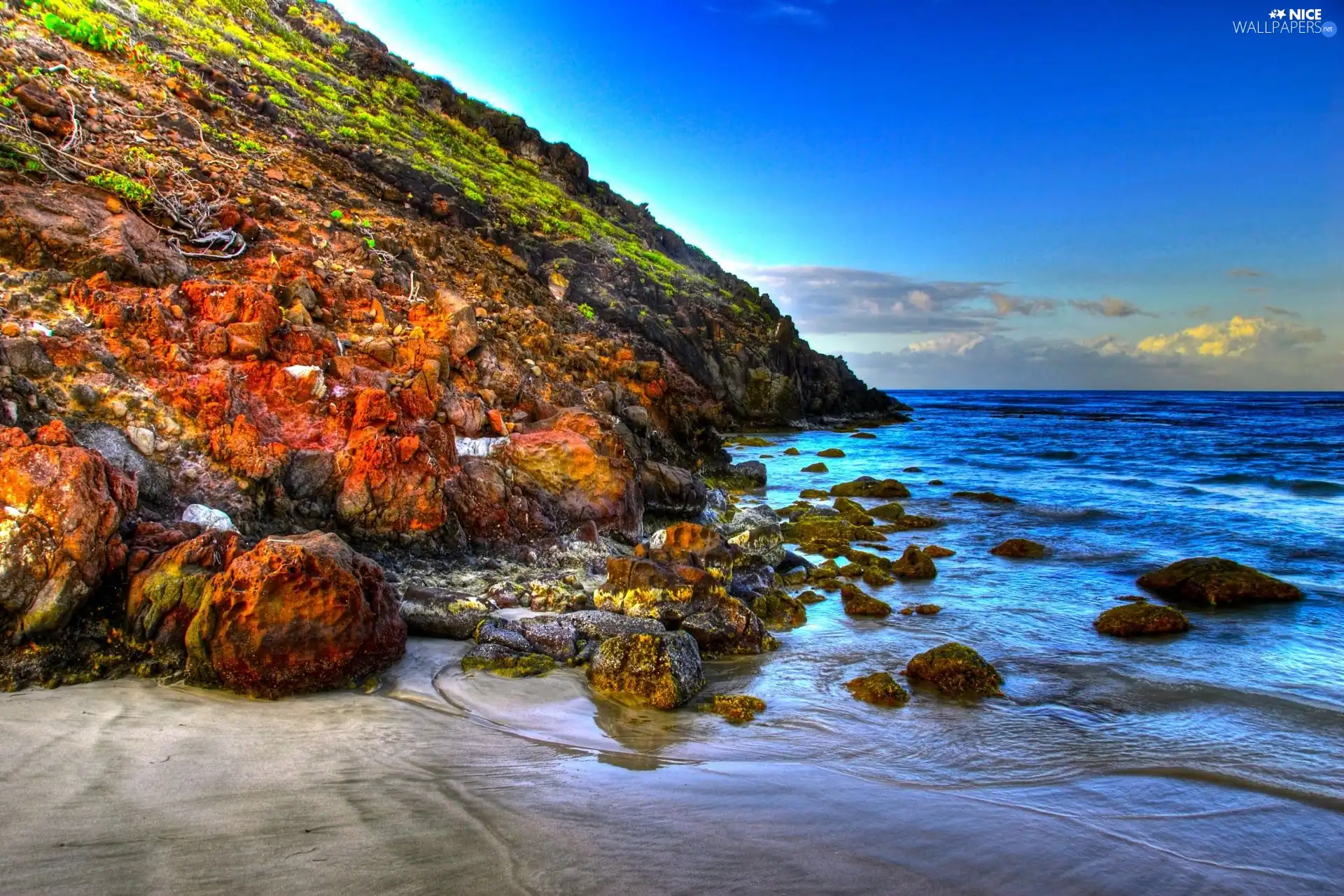 rocks, sea, mountains