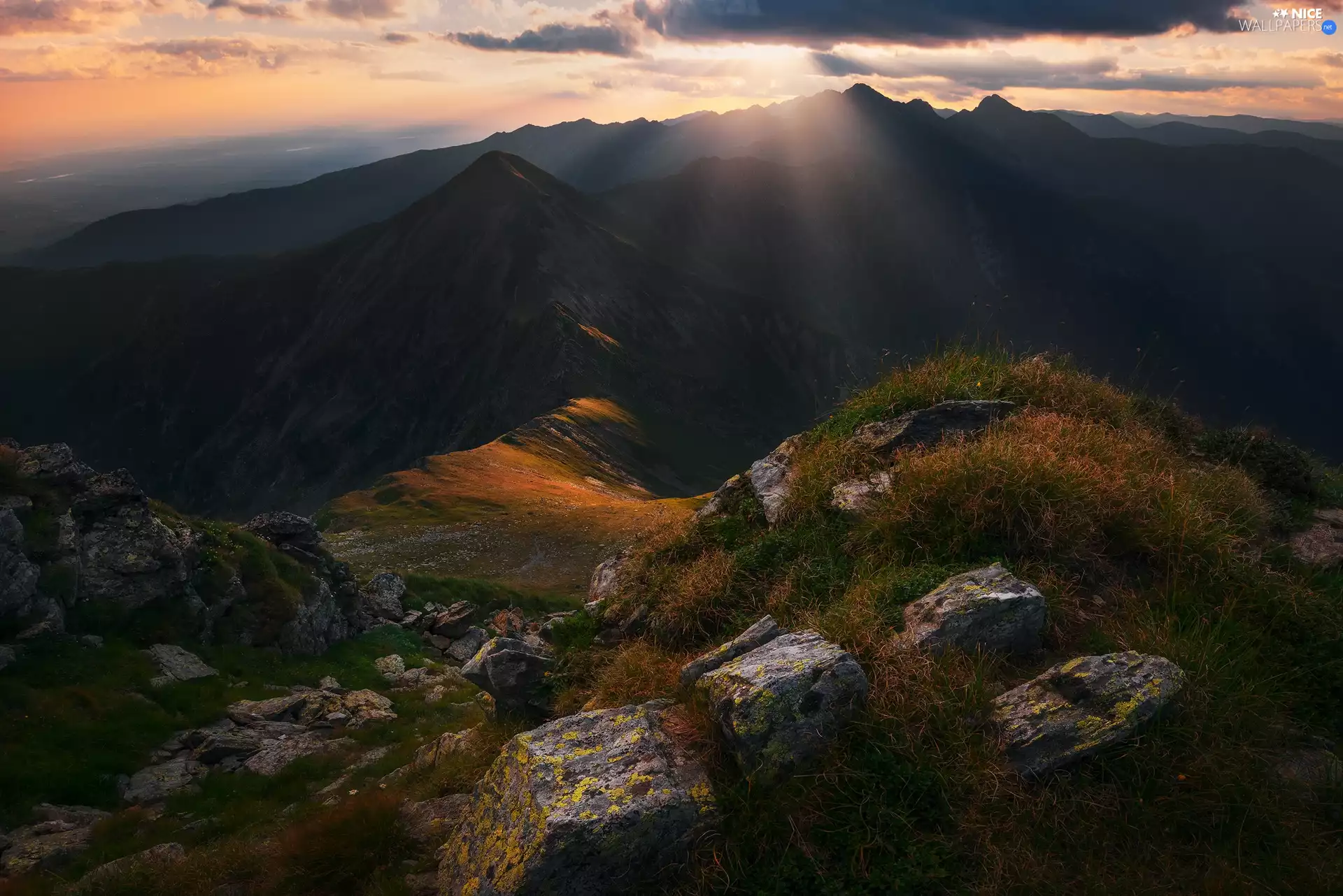Mountains, grass, Sunrise, rocks