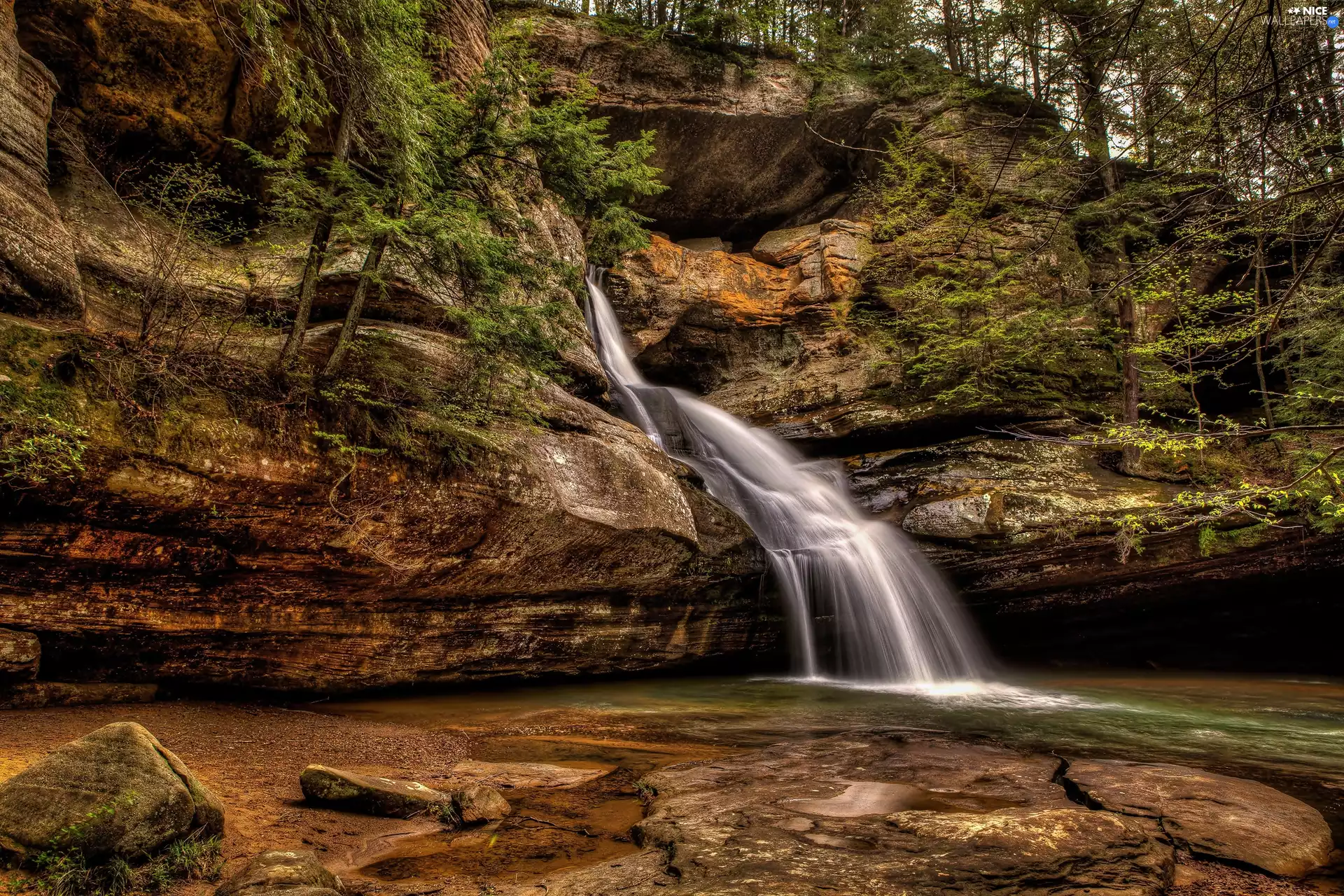 Cedar Falls Waterfall, rocks, Ohio State, Hocking Hills State Park, The United States