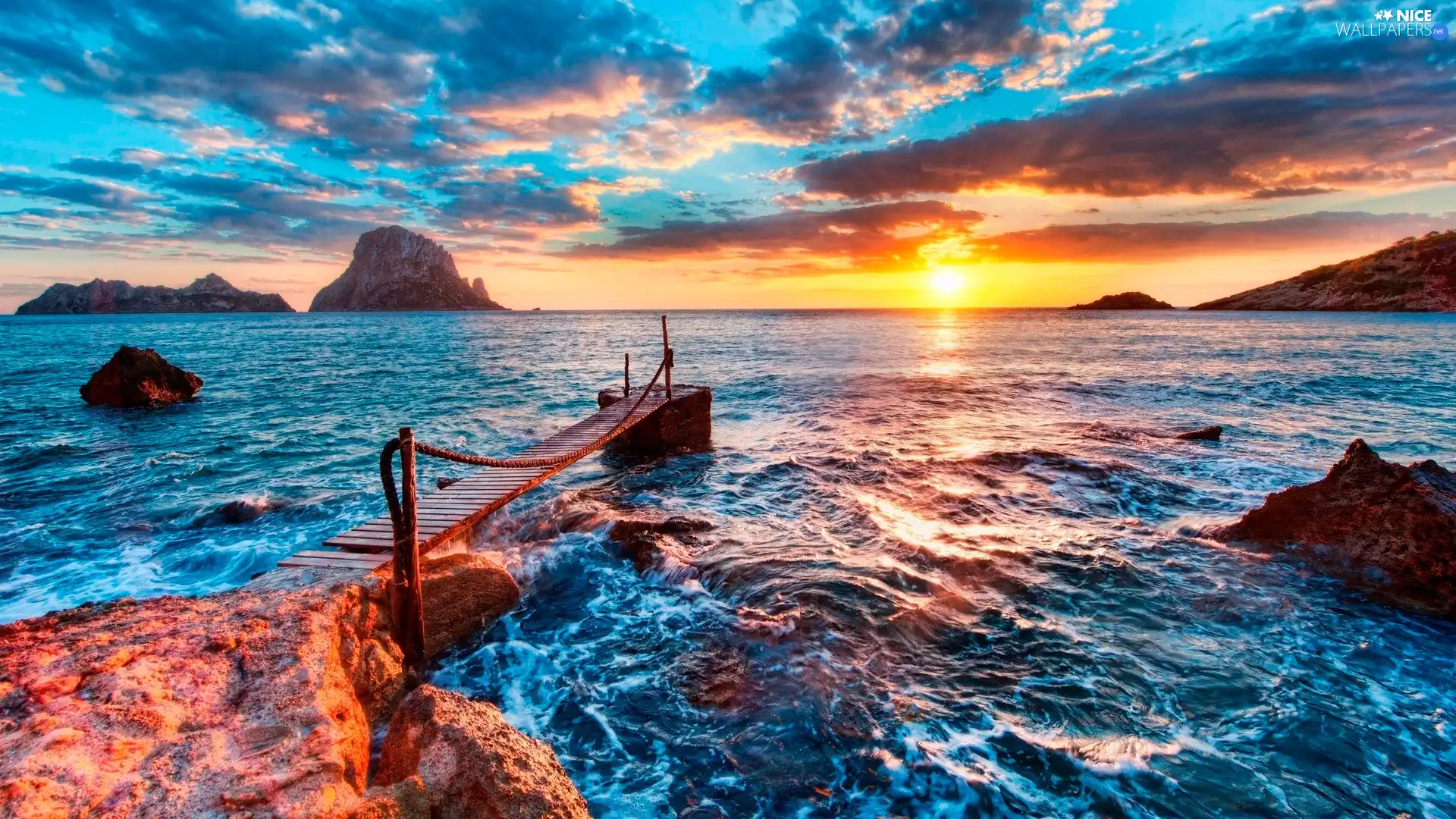 rocks, pier, west, sun, sea