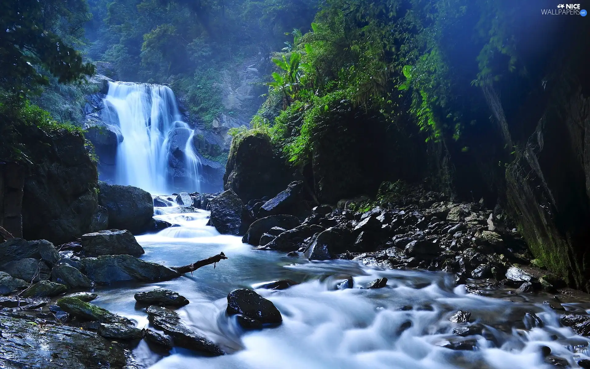 rocks, waterfall, River