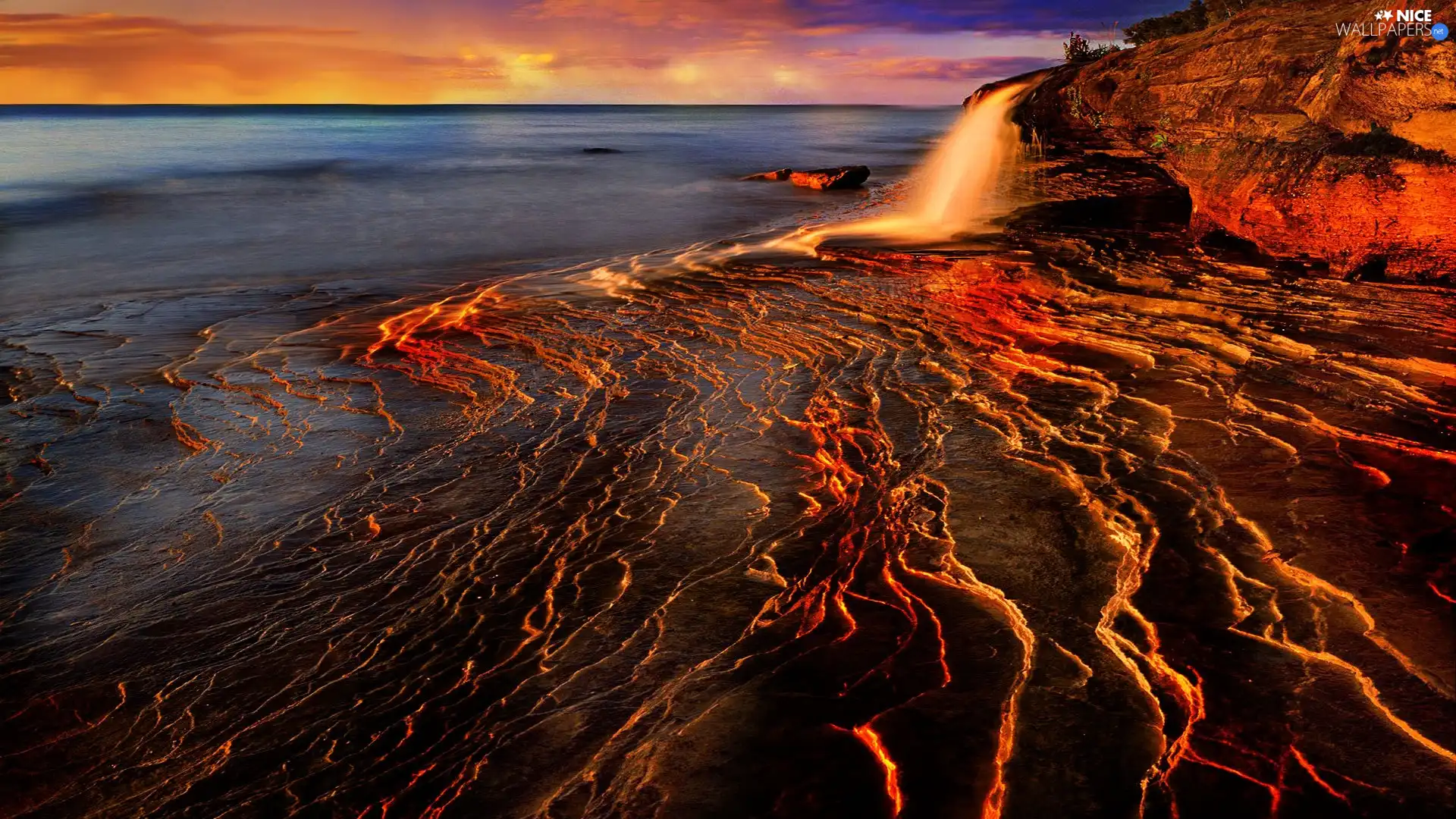 sea, cliff, Rocks, waterfall