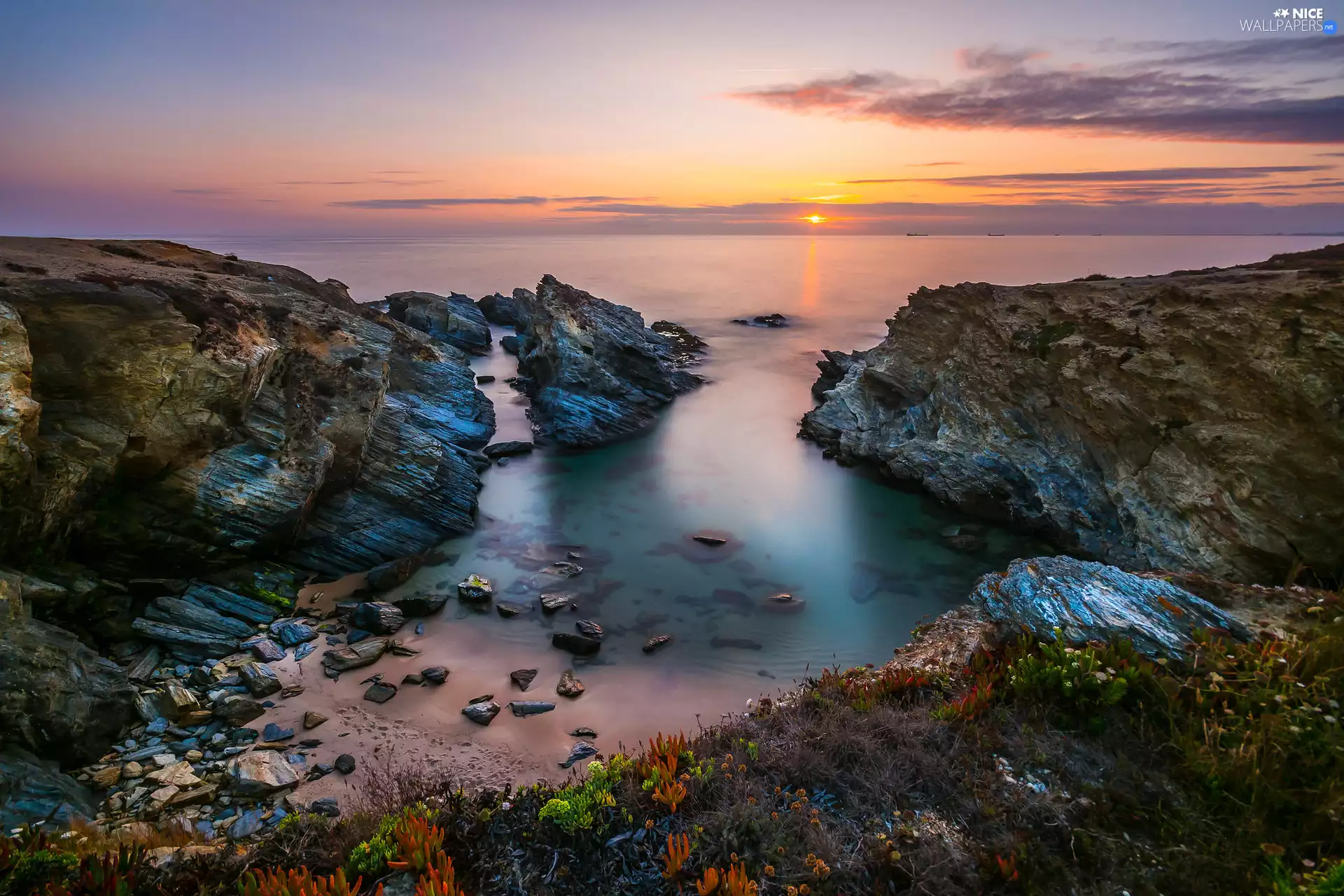 Great Sunsets, clouds, rocks, creek, sea