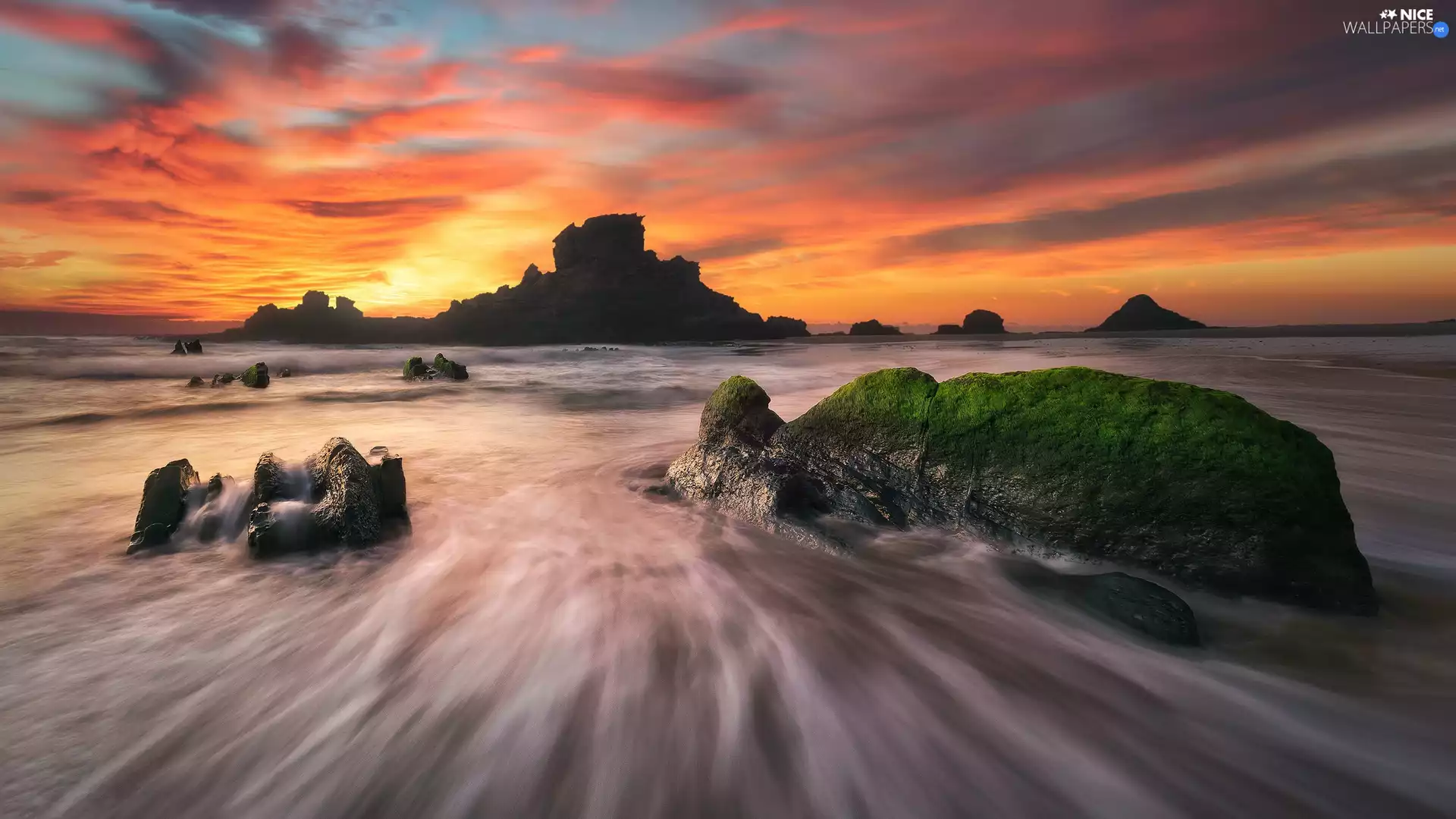 Great Sunsets, clouds, rocks, mossy, sea