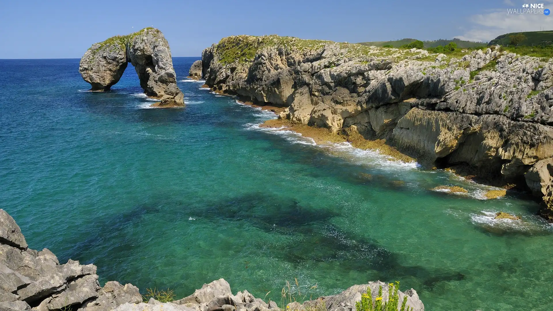 sea, color, rocks, emerald