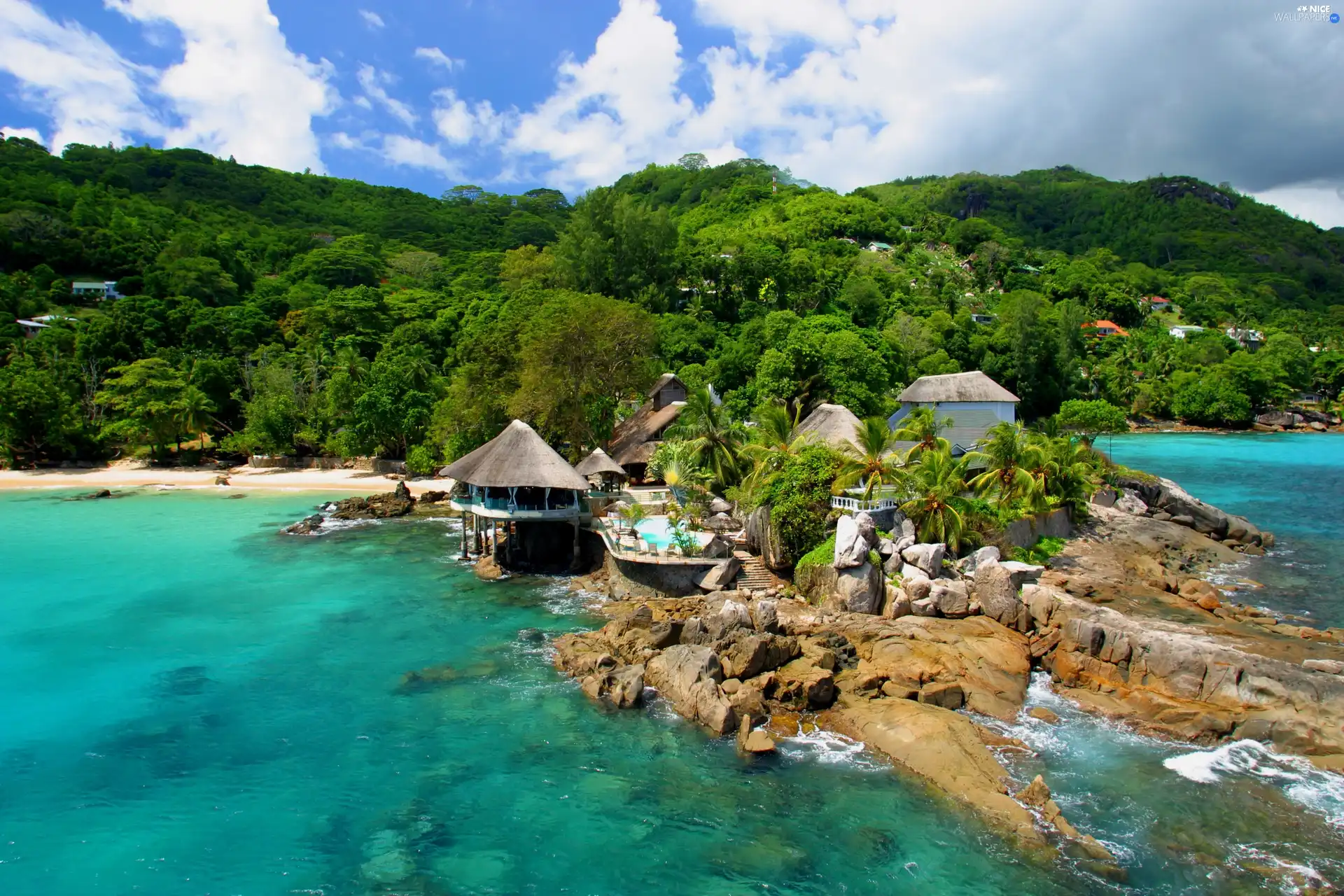 sea, Houses, rocks, forest