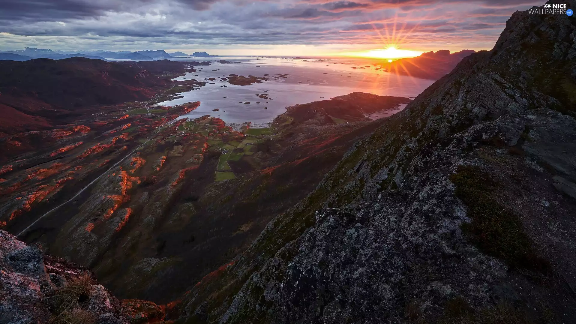 Mountains, rocks, sea, Valley, Sunrise