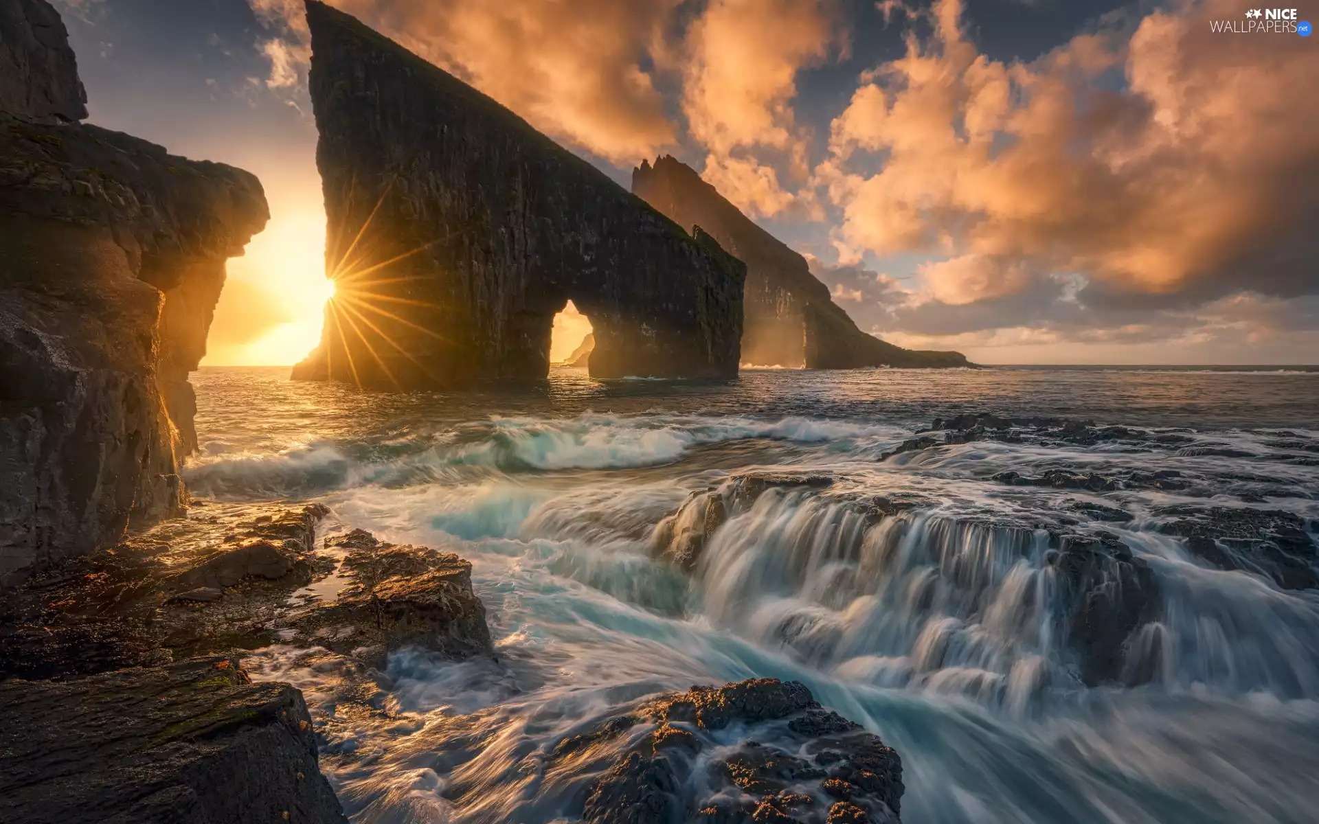 clouds, Great Sunsets, rocks, Waves, sea