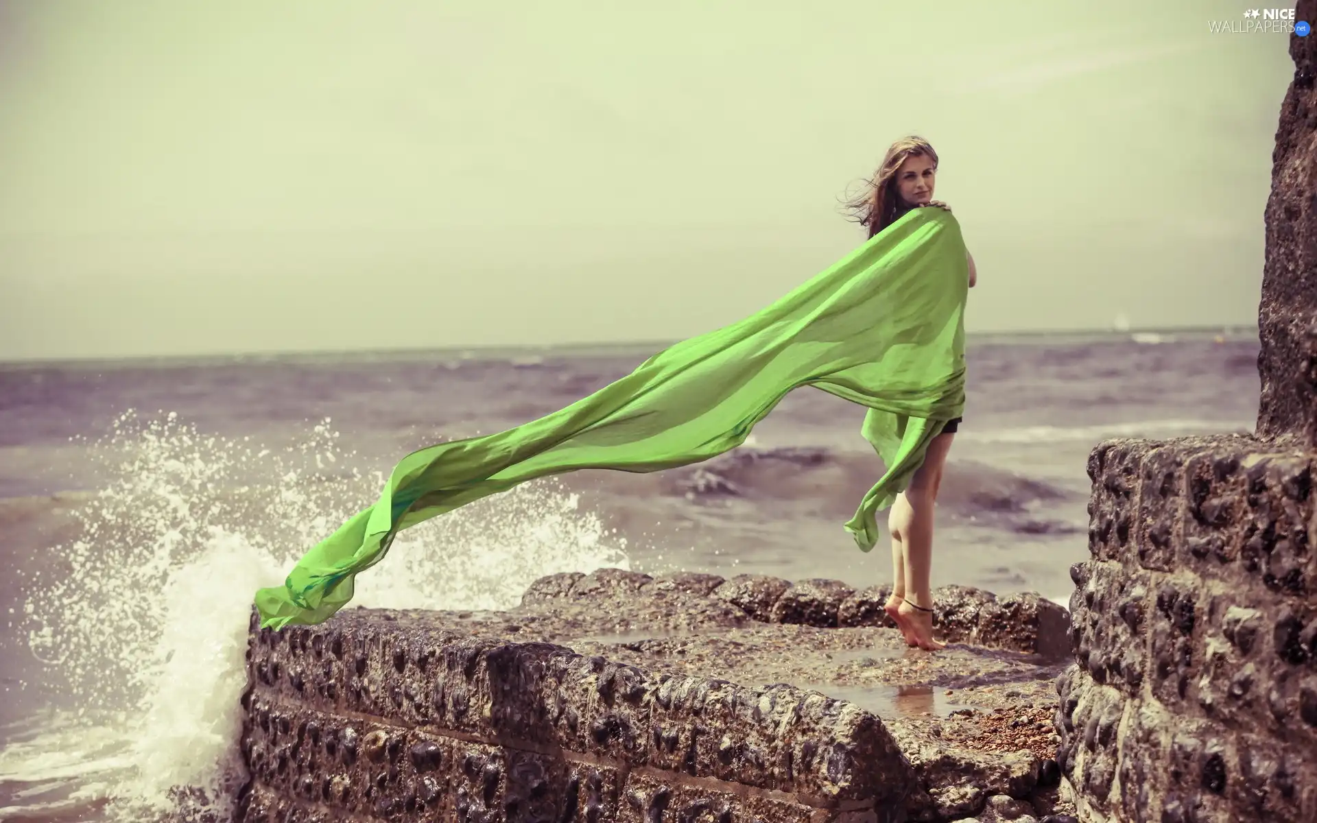 rocks, sea, Green, shawl, Women