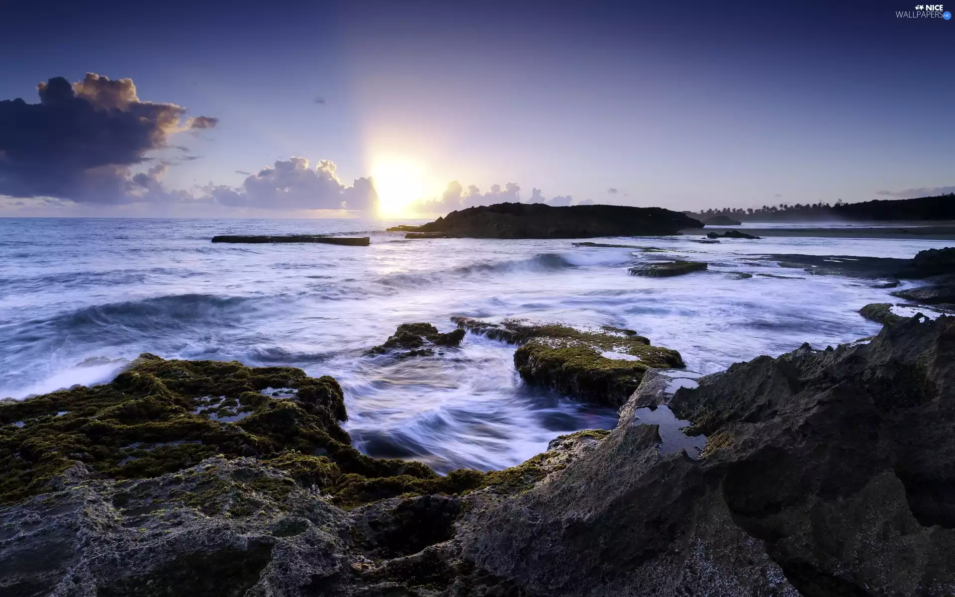sunbeam, Rocks, Sky, clouds, sea
