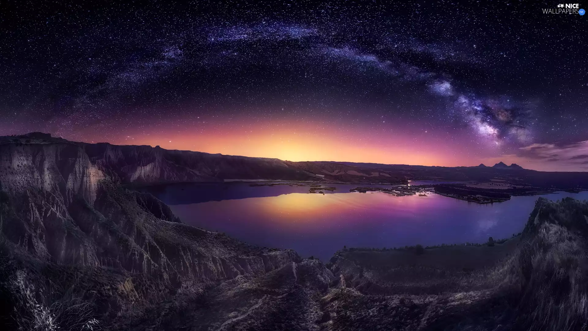 Night, star, Star way, Mountains, Sky, lake, rocks