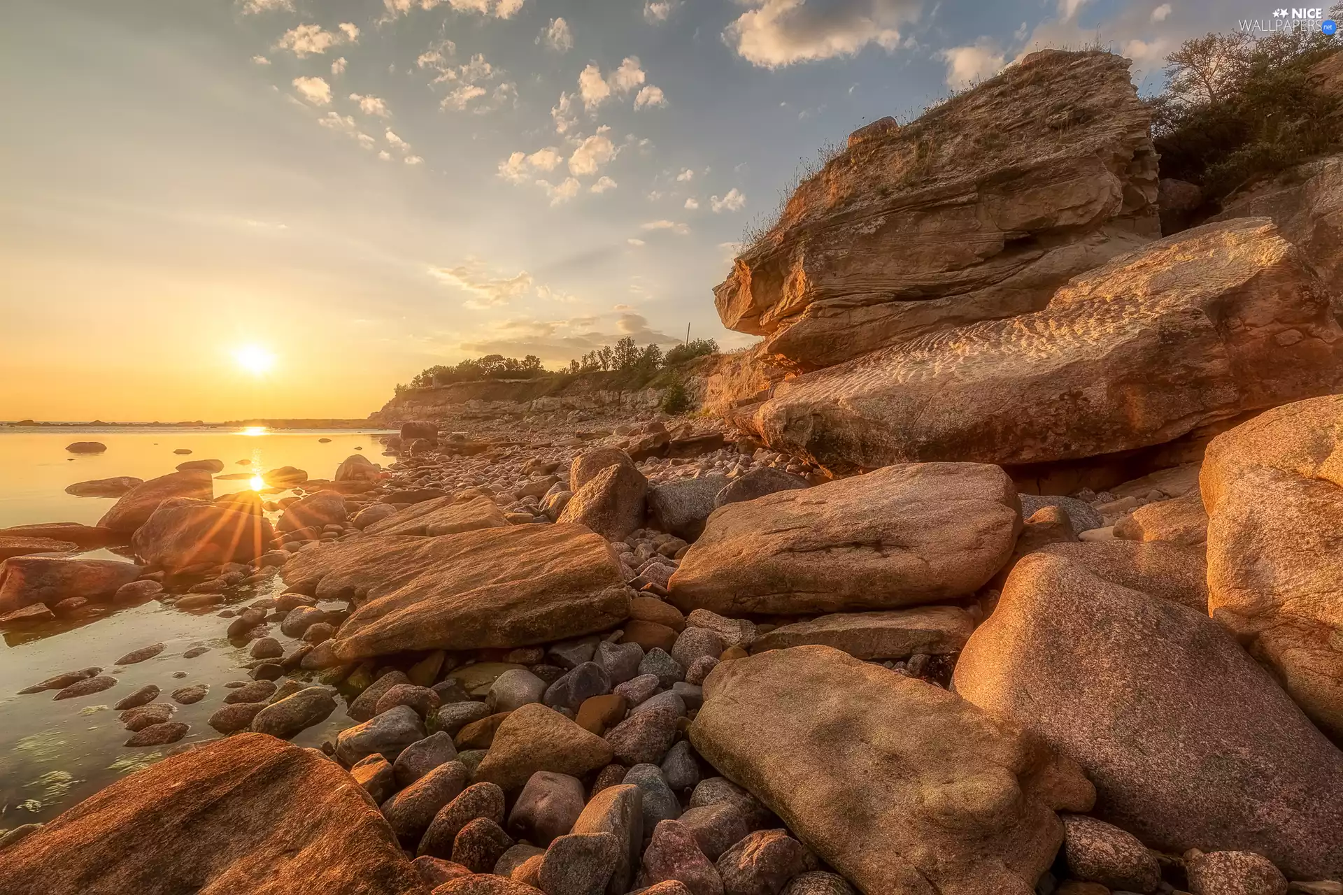 rocks, rays of the Sun, trees, coast, sea, Stones, viewes