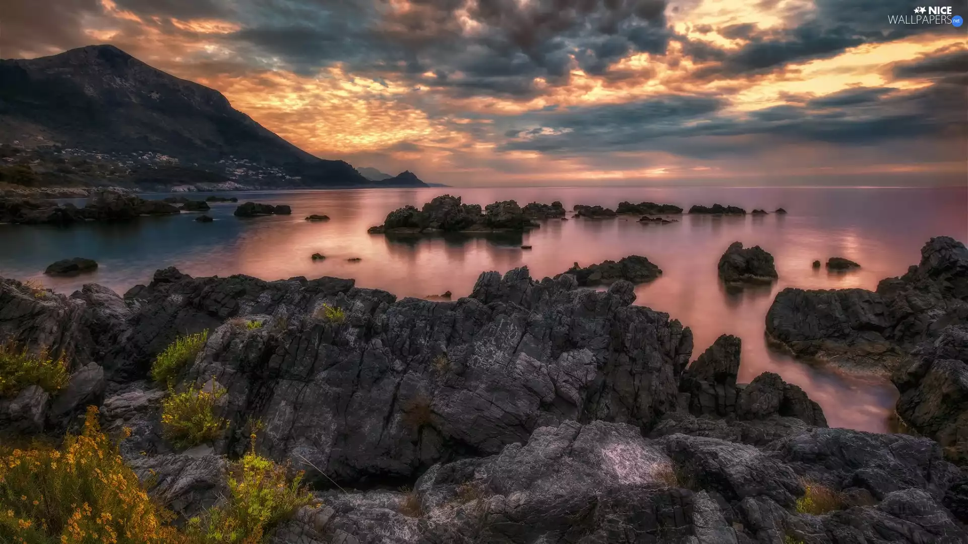 sea, Great Sunsets, rocks, VEGETATION, Coast, Mountains