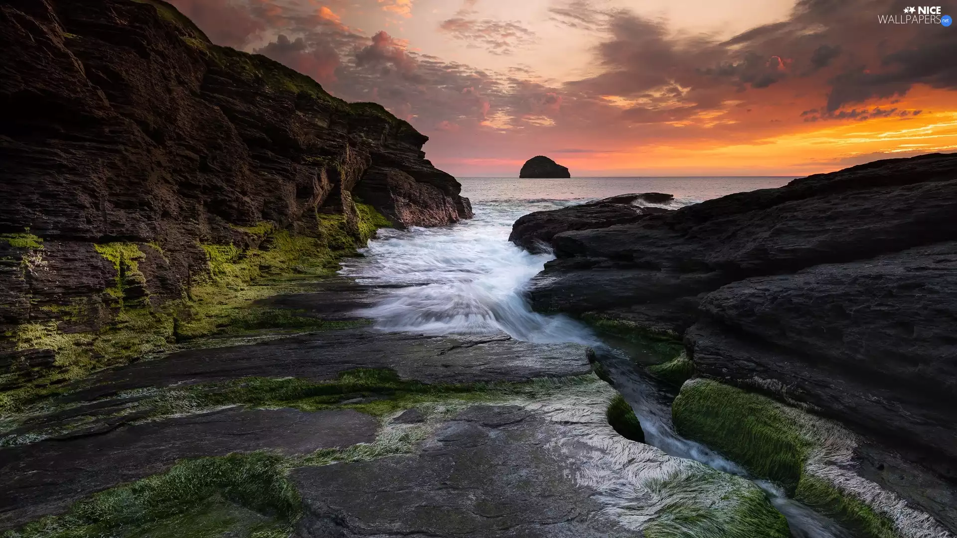 sea, Gulf, Mountains, rocks, Great Sunsets