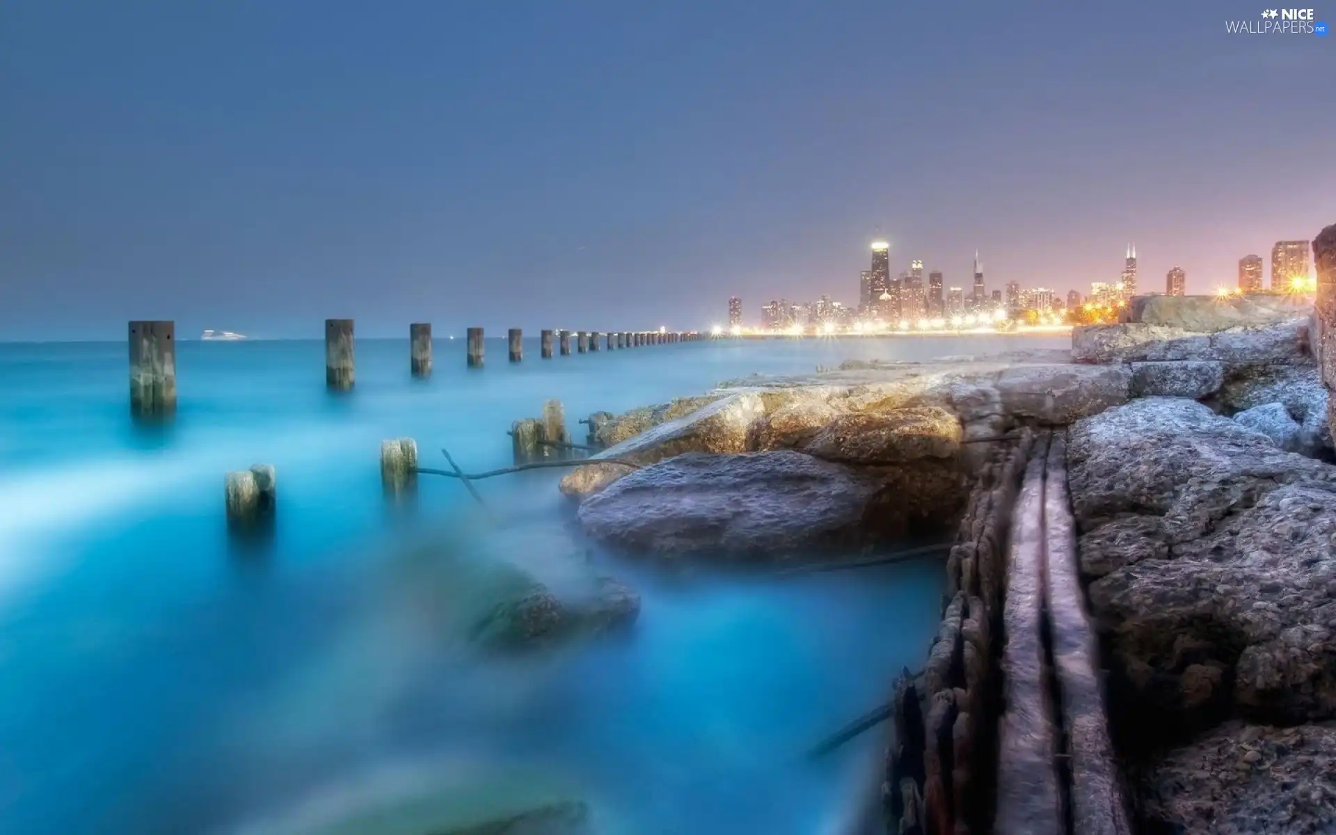 Town, sea, rocks, Night