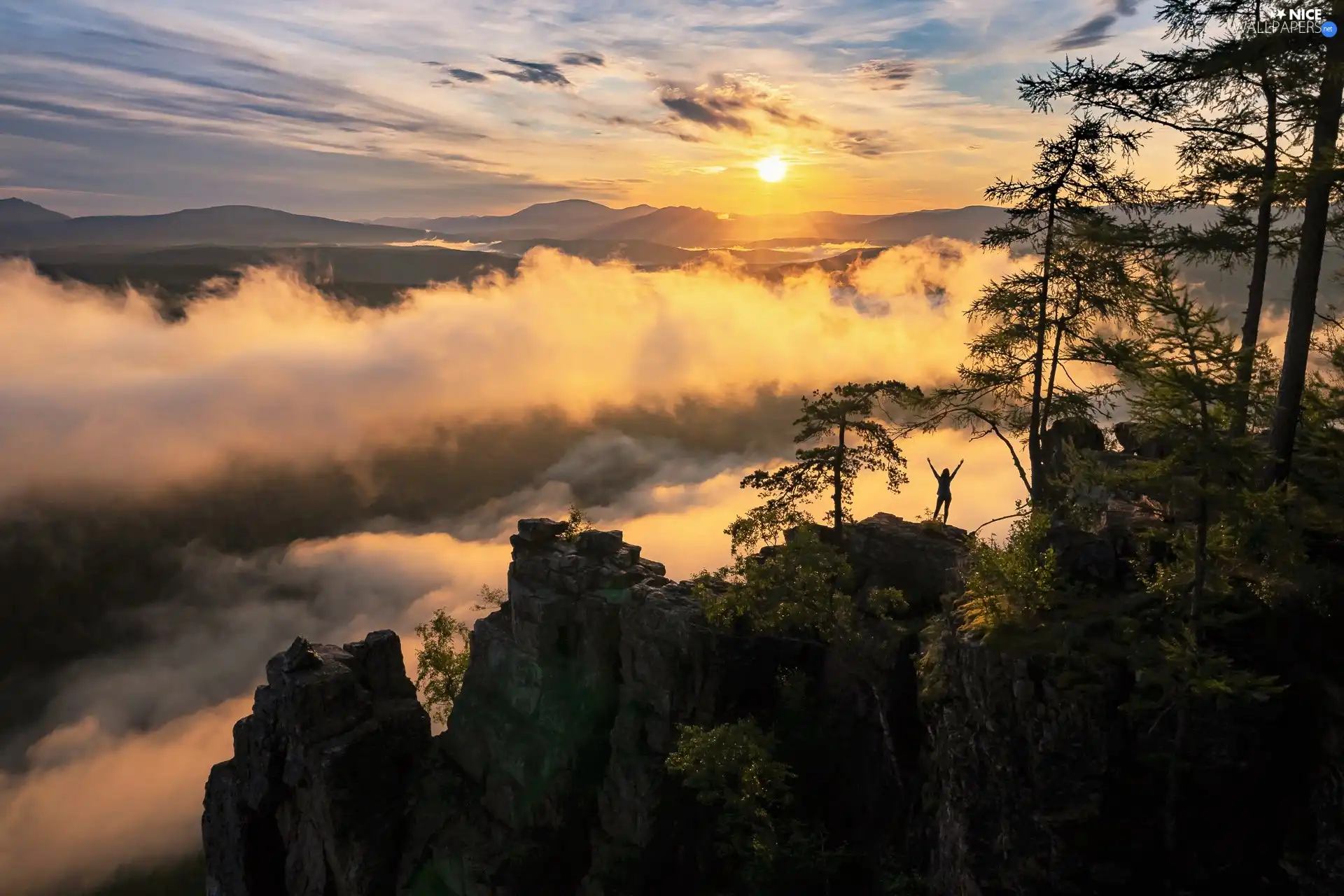peaks, clouds, viewes, Sunrise, trees, Fog, Mountains, rocks