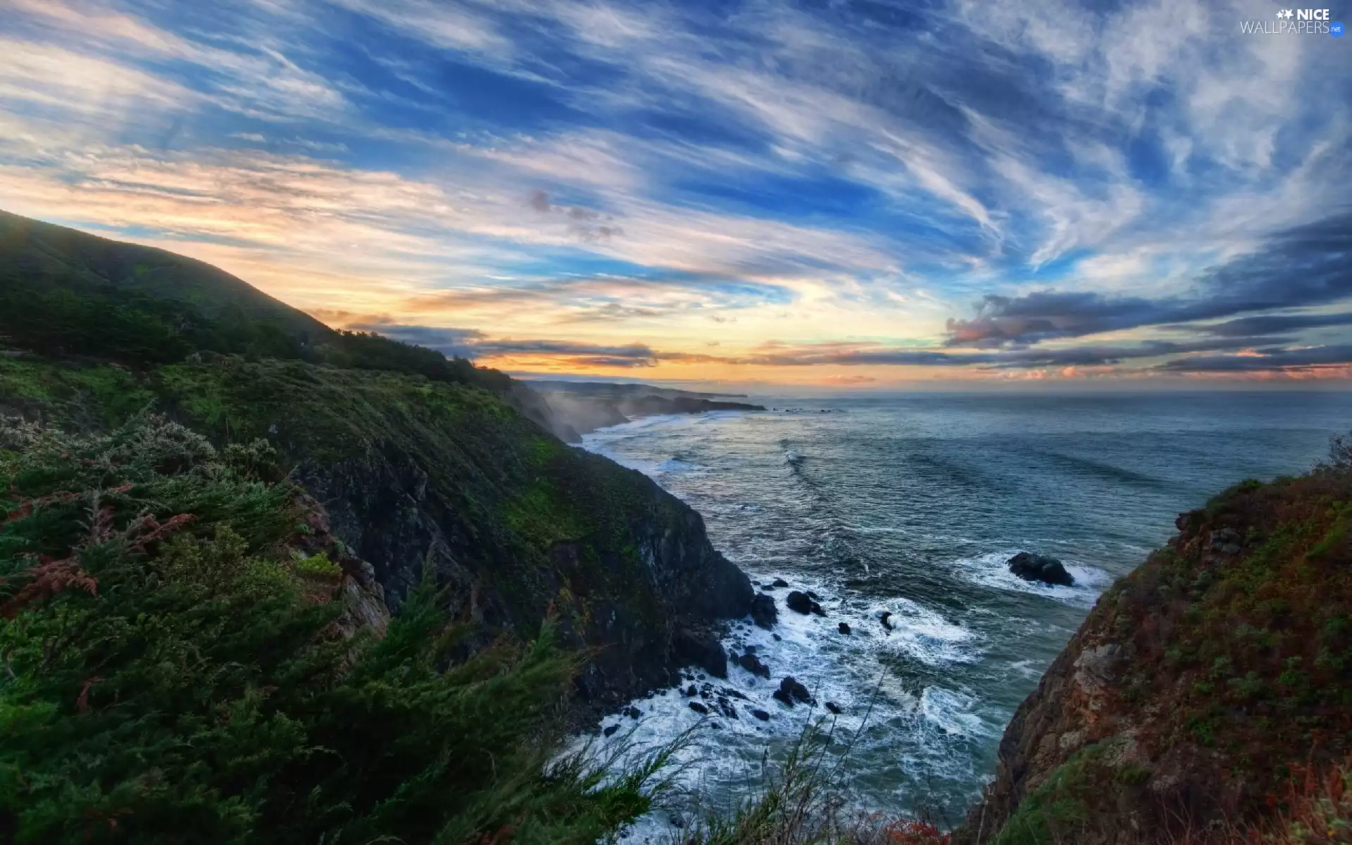 water, green, clouds, rocks