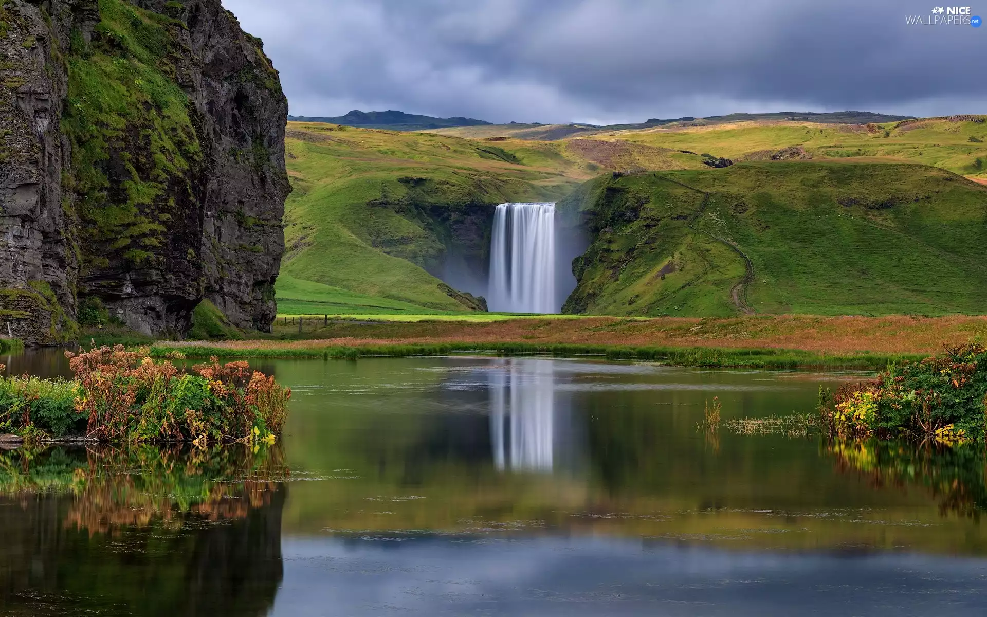 Plants, iceland, lake, Rocks, Skogafoss Waterfall