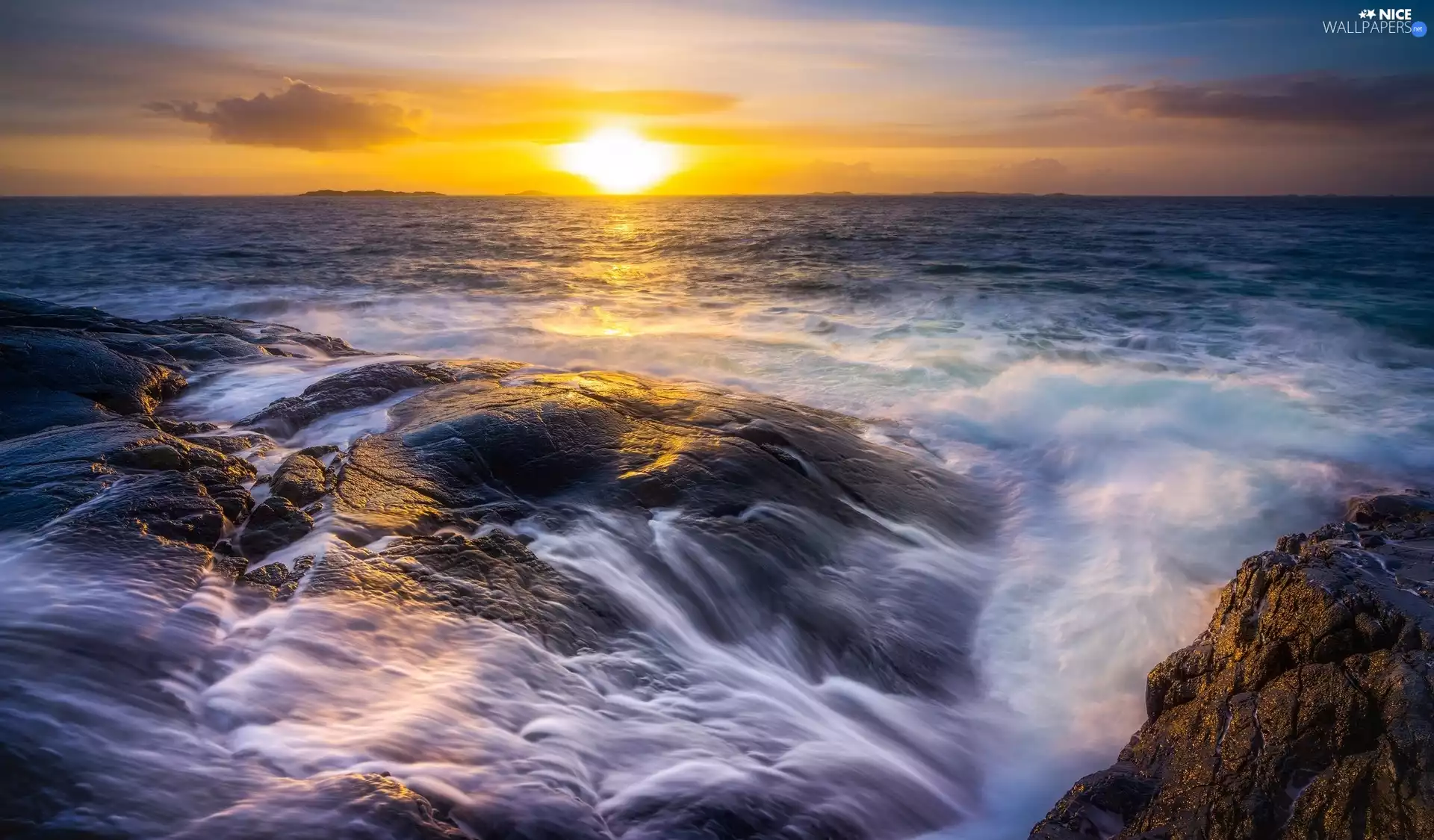 sea, rocks, Waves, Great Sunsets