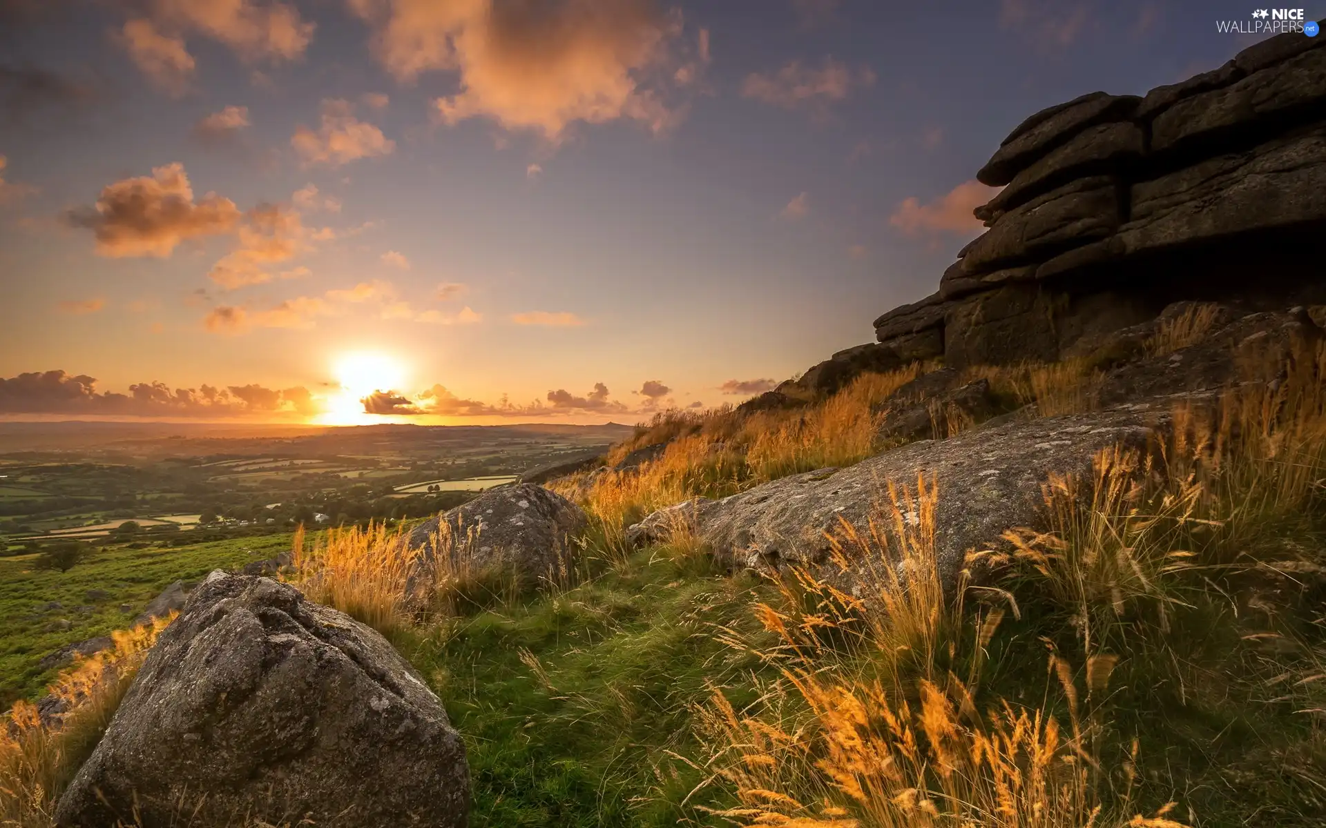 west, field, rocks, sun