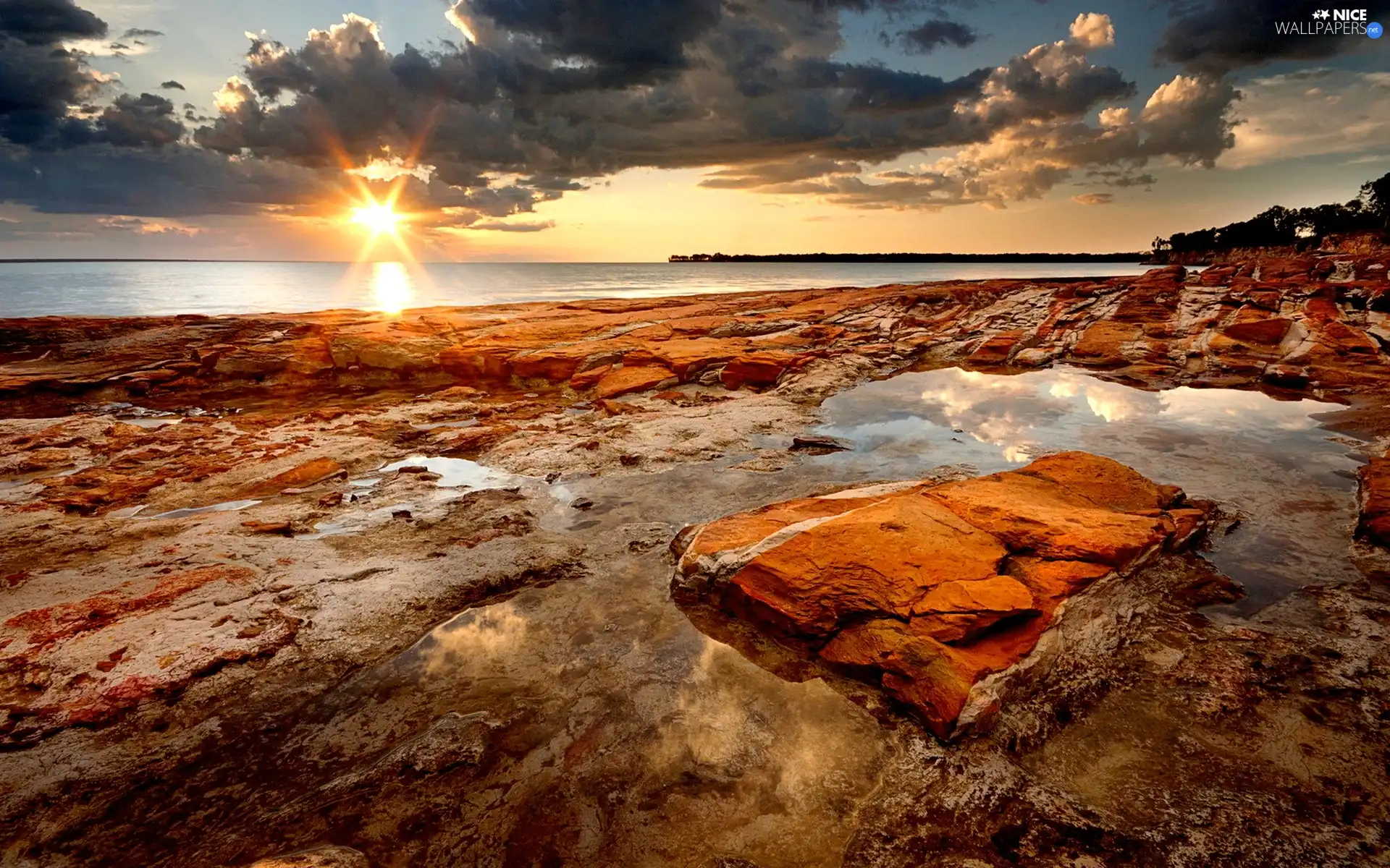 west, sea, rocks, sun