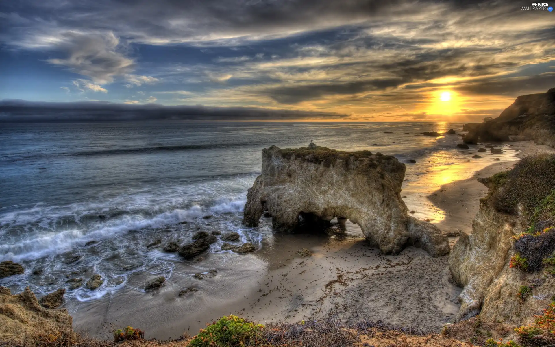 west, sea, rocks, sun