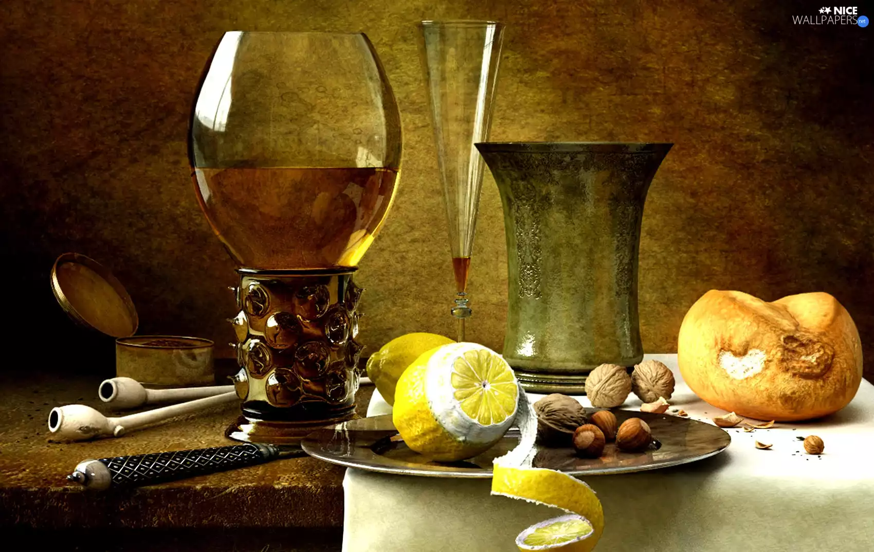 Ravaditis, nuts, glasses, Lemon, Wine, Kornel, picture, roll