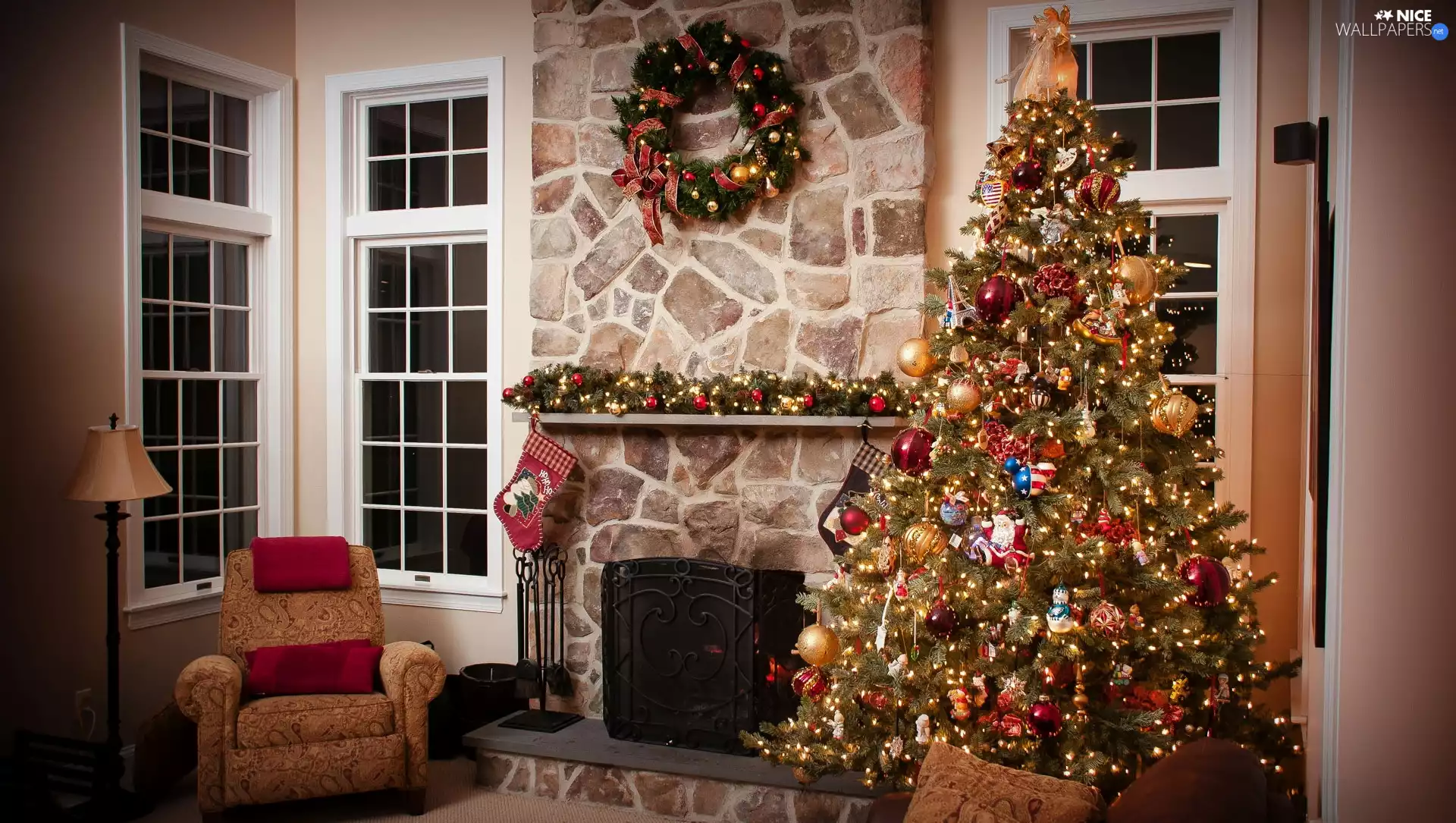 christmas tree, Christmas, Armchair, Lamp, burner chimney, Room